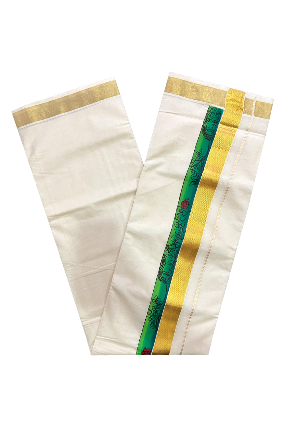 Pure Cotton Kerala Double Mundu with Kasavu Hand Painted Design Border (South Indian Kerala Dhoti)