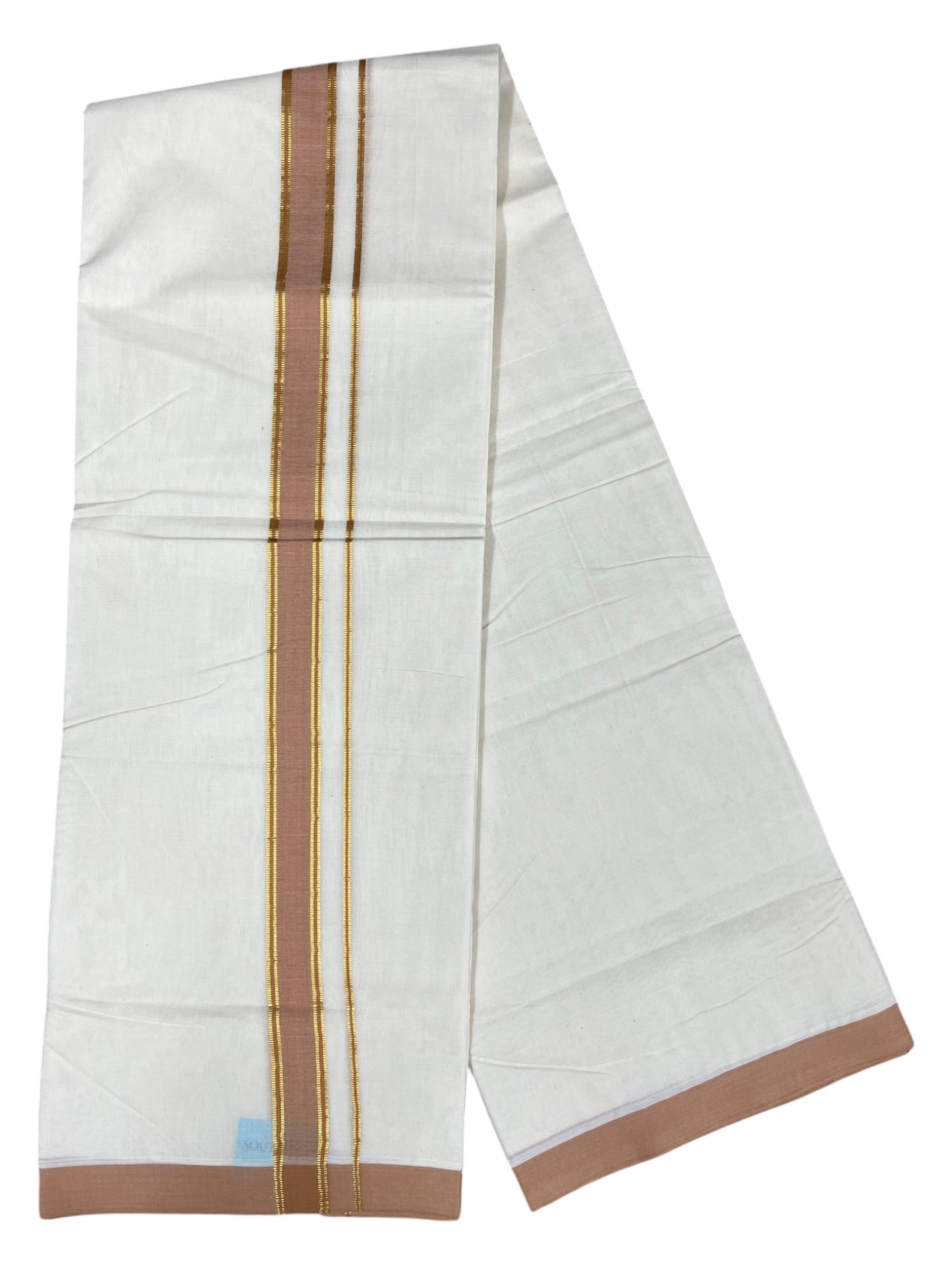 Southloom Pure Cotton Mundu with Gold Lines and light Brown Border (South Indian Kerala Dhoti)