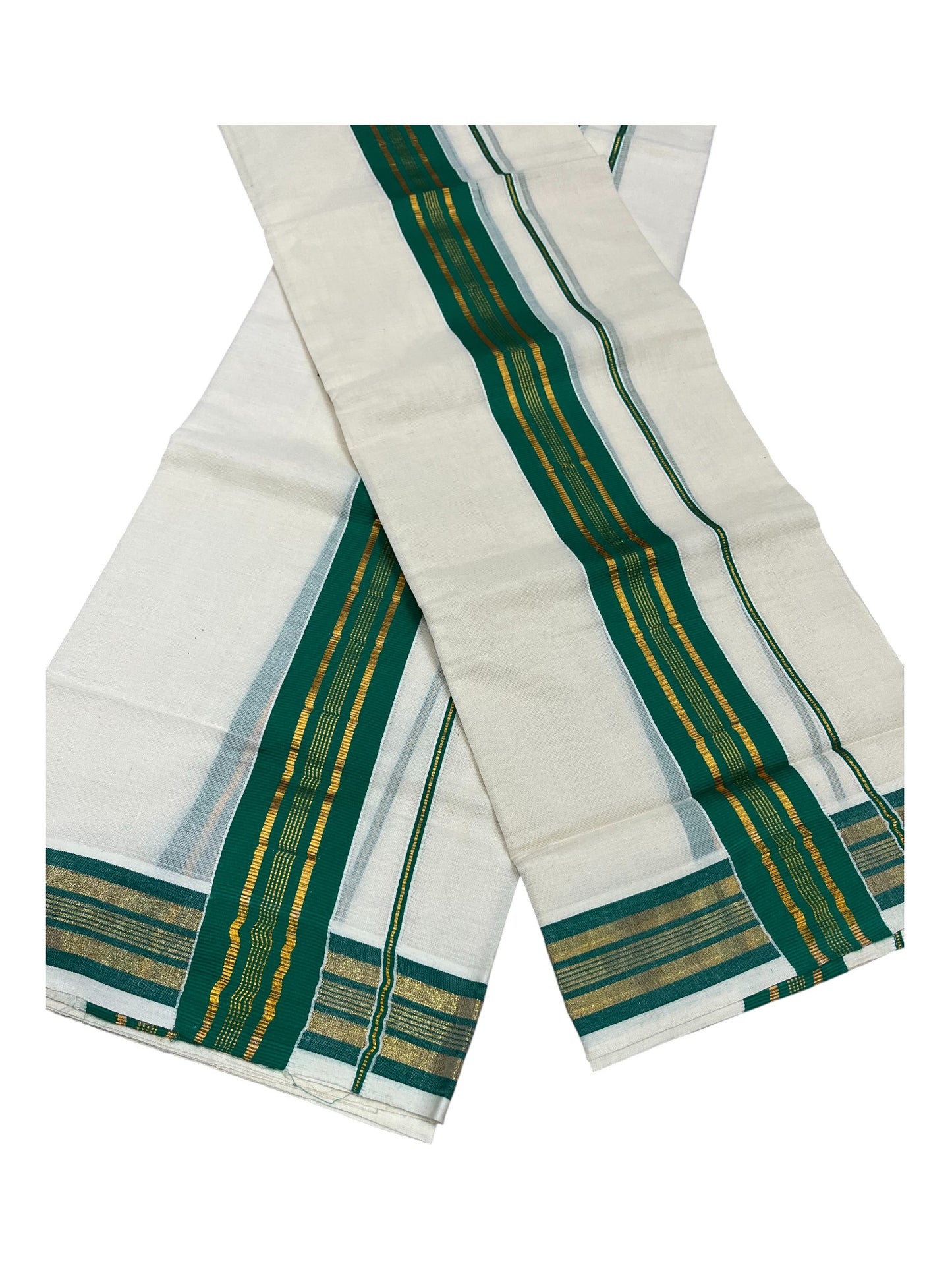 Kerala Cotton Kasavu Single Set Mundu (Mundum Neriyathum) with Green Kasavu Border