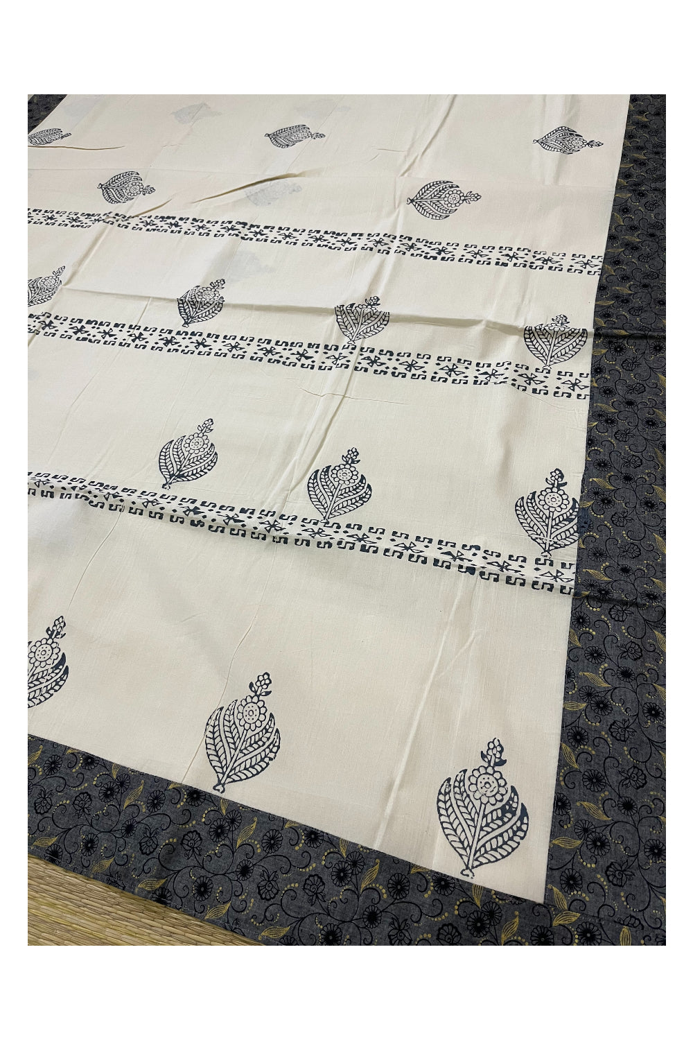 Pure Cotton Kerala Saree with Hand Block Grey Batik Prints on Border