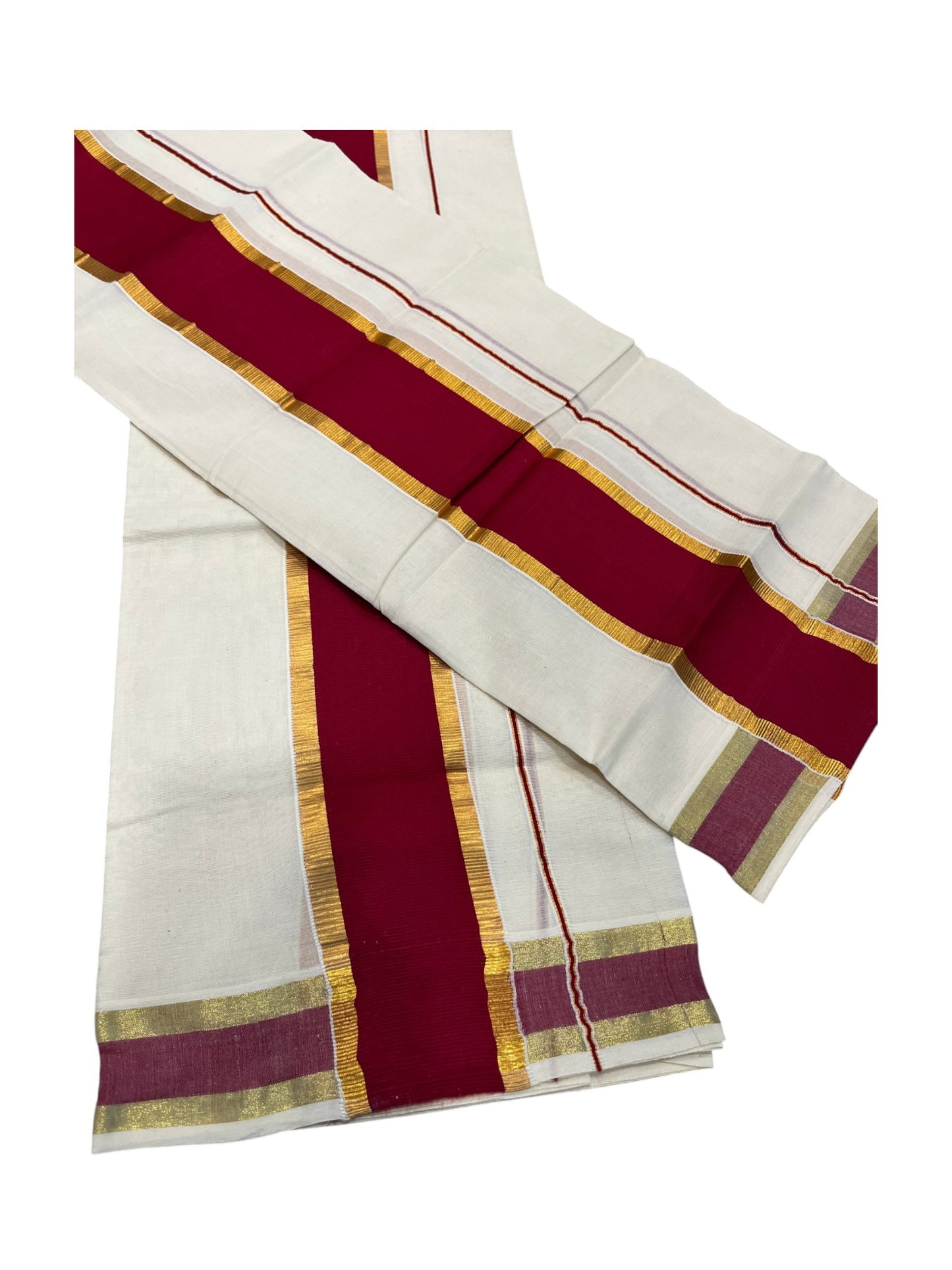 Southloom Kerala Cotton Single Set Mundu (Mundum Neriyathum) with Kasavu and Maroon Border