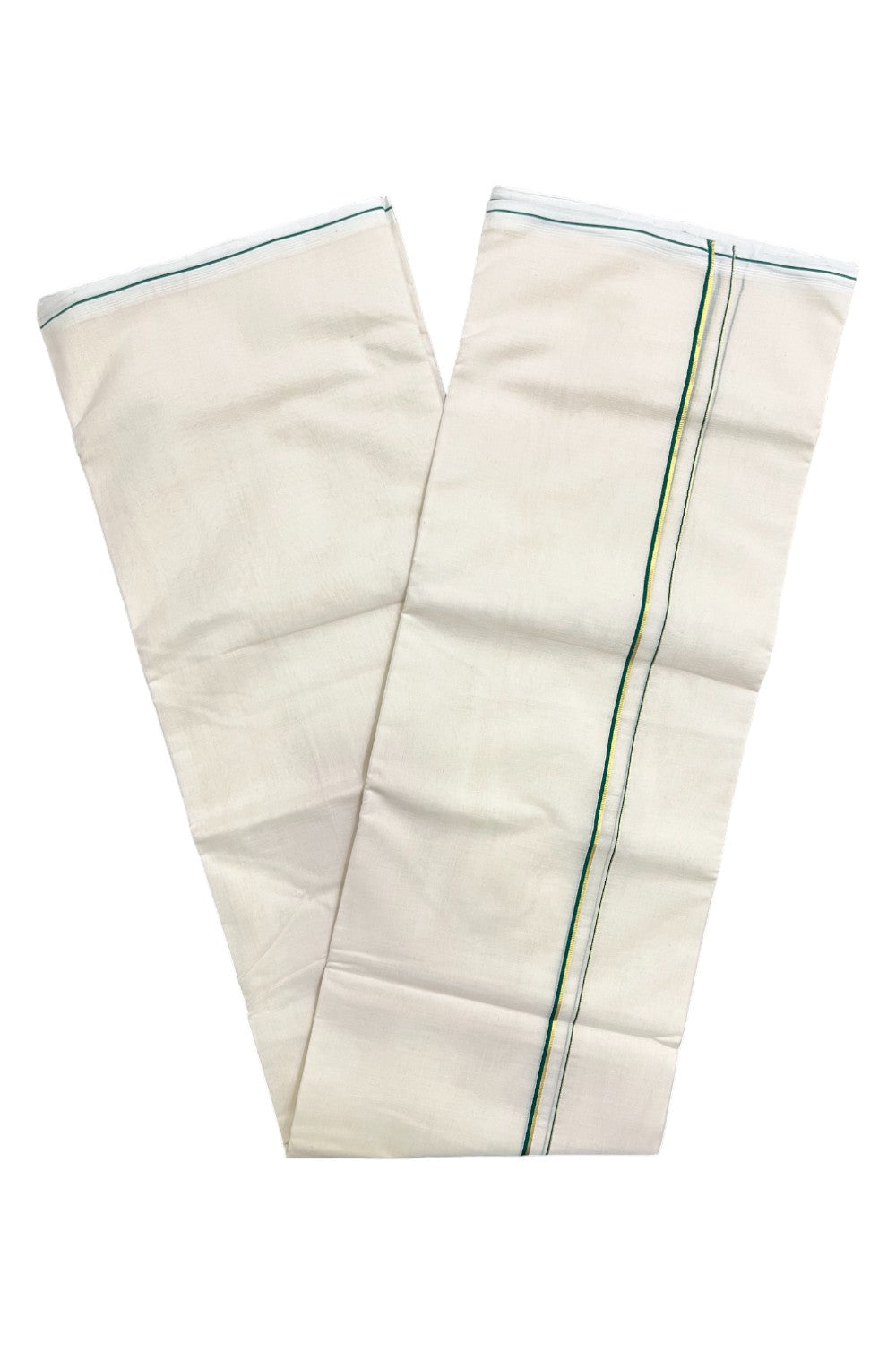 Premium Balaramapuram Handloom Unakkupaavu Cotton Double Mundu with Green and Kasavu Thin Border (Vishu 2024 Collection)