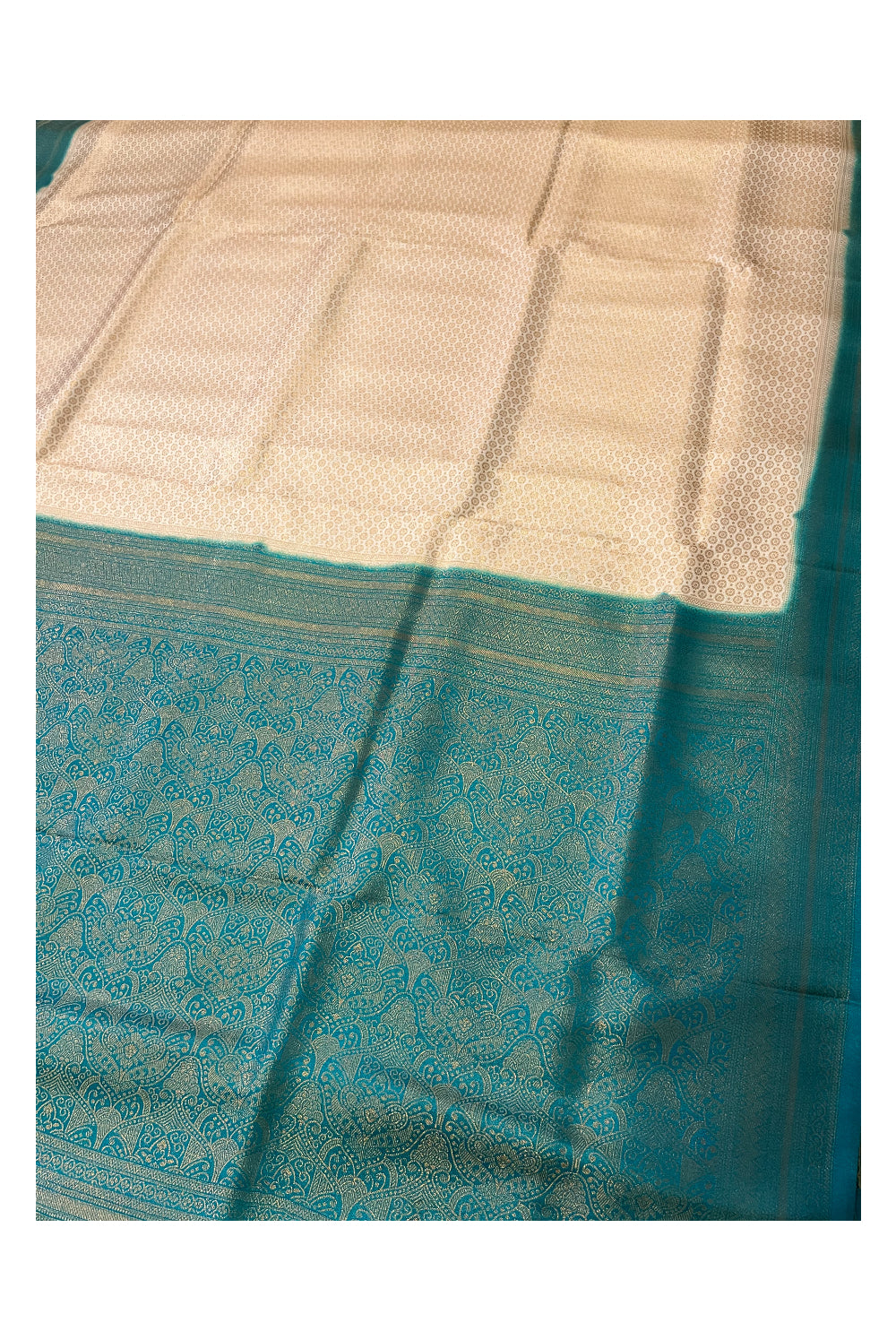 Southloom Soft Silk Beige Designer Saree with Green Border