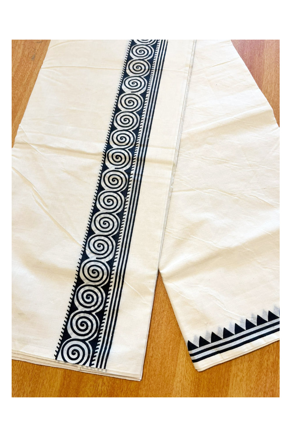 Pure Cotton Off White Double Mundu with Black Block Prints On Border (South Indian Kerala Dhoti)