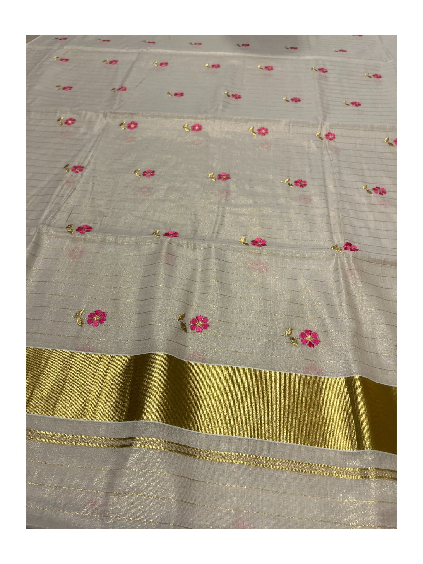 Southloom Kerala Tissue Kasavu Saree with Pink Floral Embroidery on Body