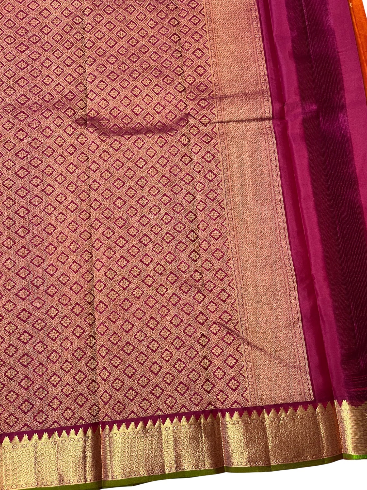 Southloom Pure Handloom Bridal Kanchipuram Silk Saree with Korvai Work (Orange & Magenta )