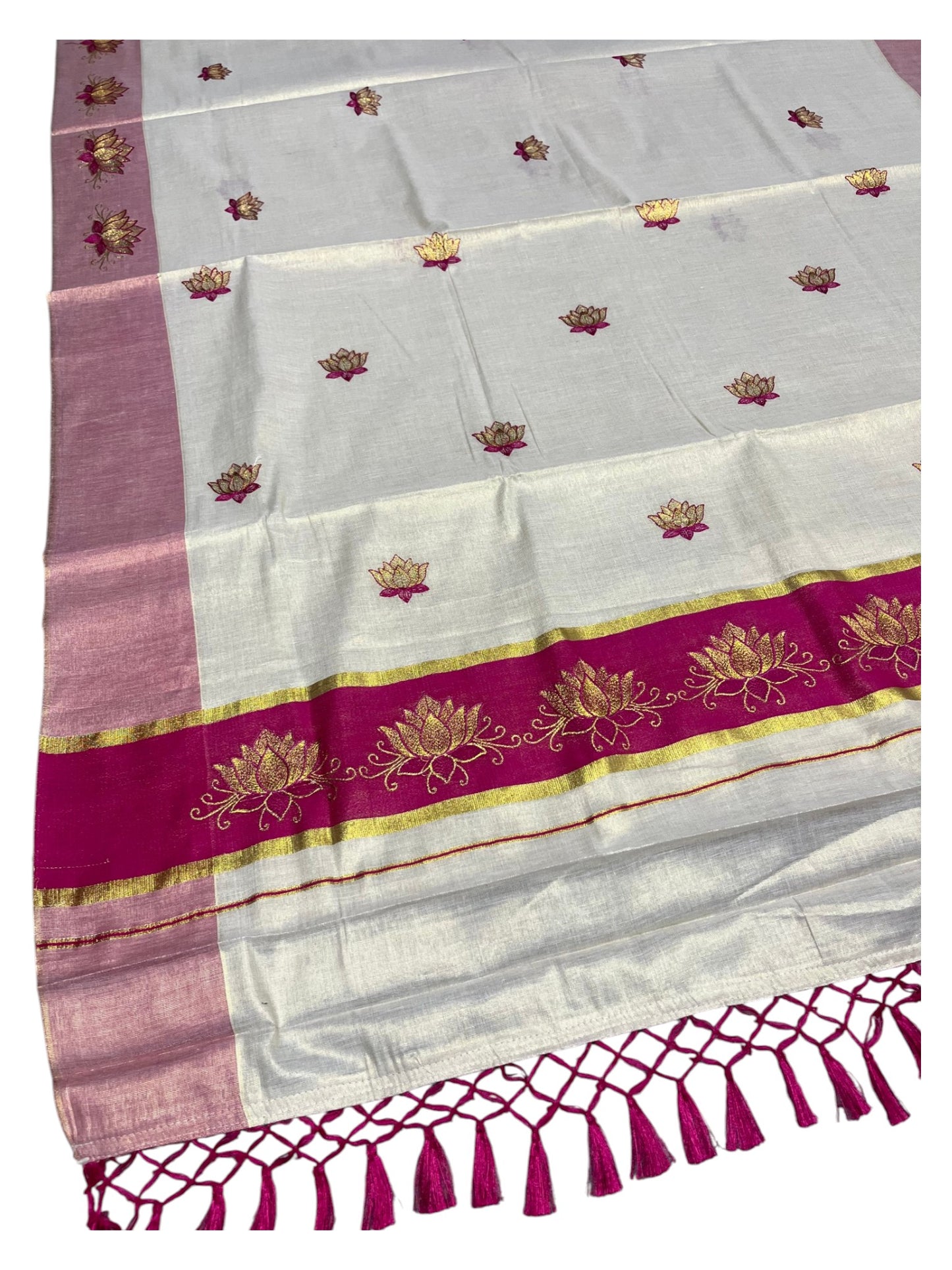Southloom Kerala Tissue Kasavu Saree with Magenta And Golden Lotus Embroidary Works on Body