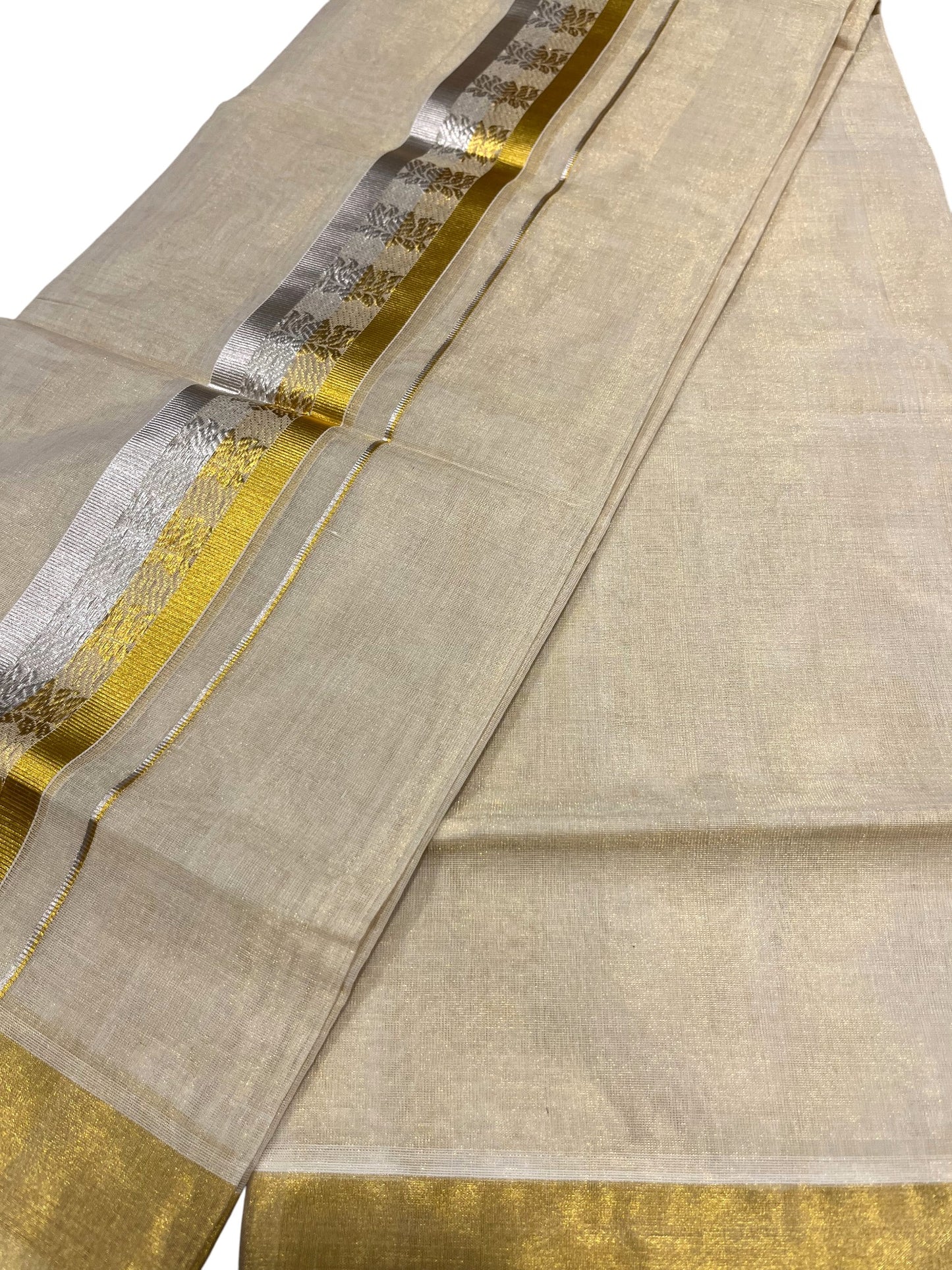 Southloom Premium Handloom Tissue Double Mundu with Gold And Silver Kasavu Border