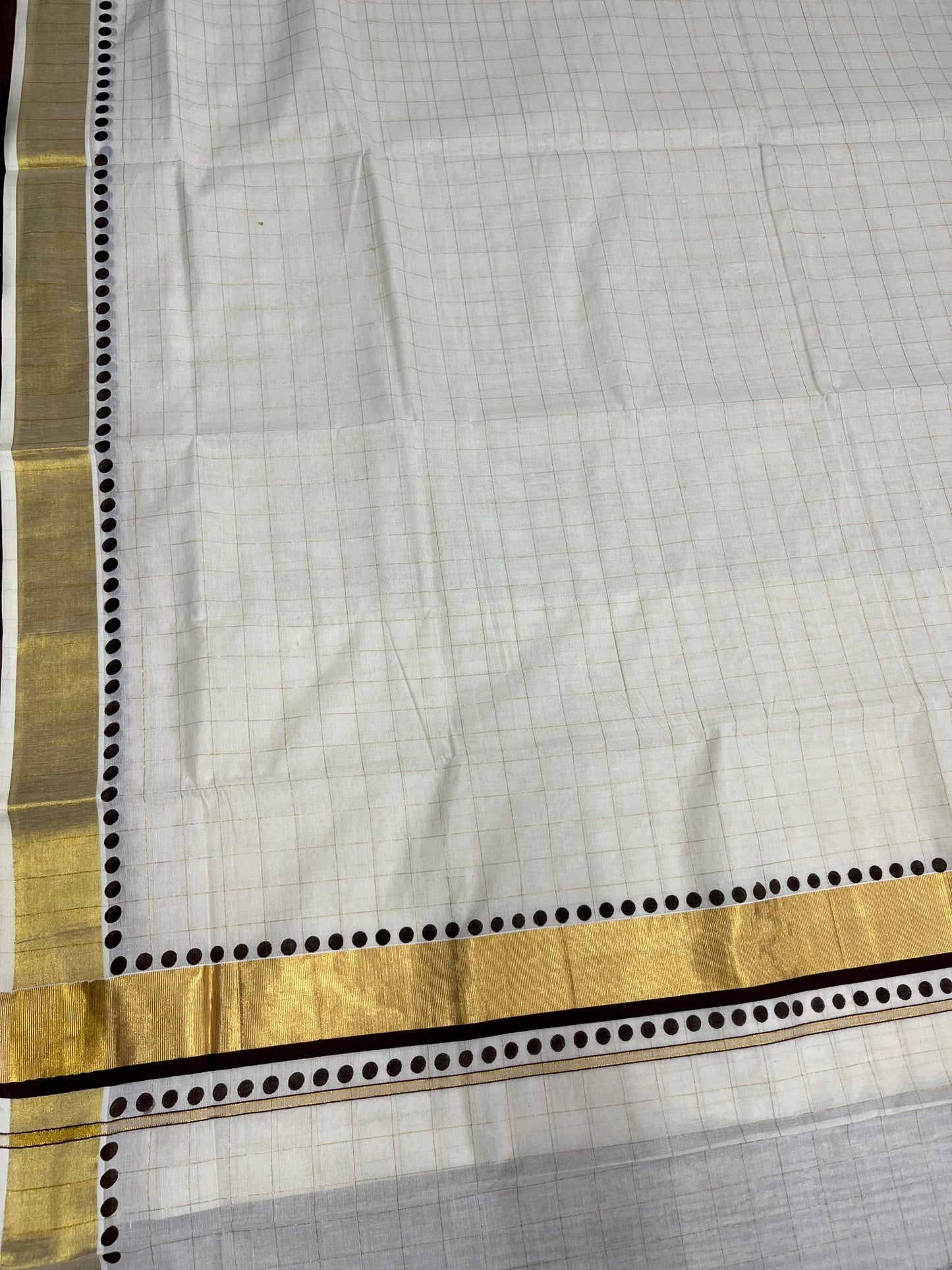 Southloom Cotton Kerala Kasavu Check Saree with Brown Polk Dots Design Border
