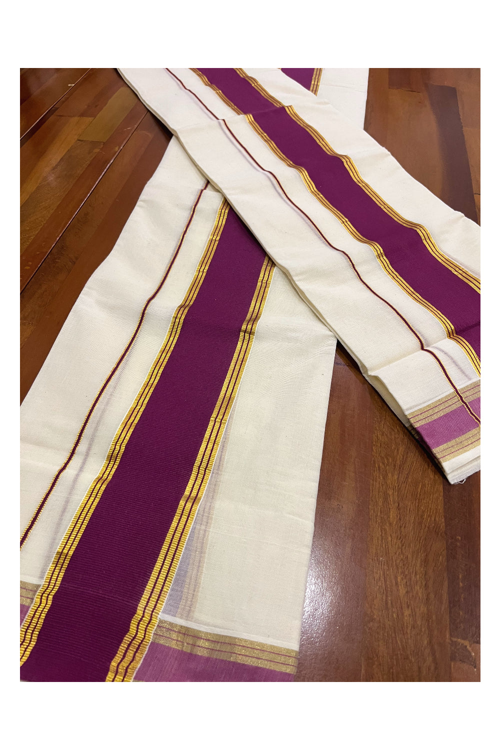 Kerala Cotton Single Set Mundu (Mundum Neriyathum) with Purple and Kasavu Border 2.80 Mtrs