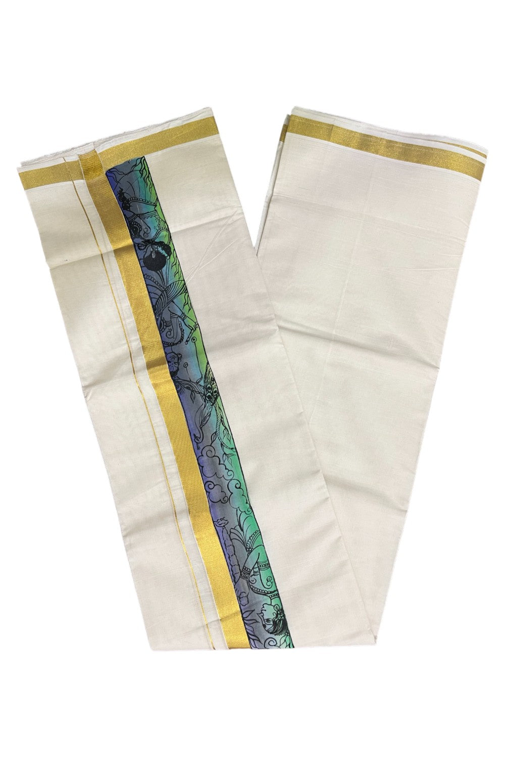 Kerala Pure Cotton Double Mundu with Mural Hand Painted Design on Kasavu Border (South Indian Kerala Dhoti)