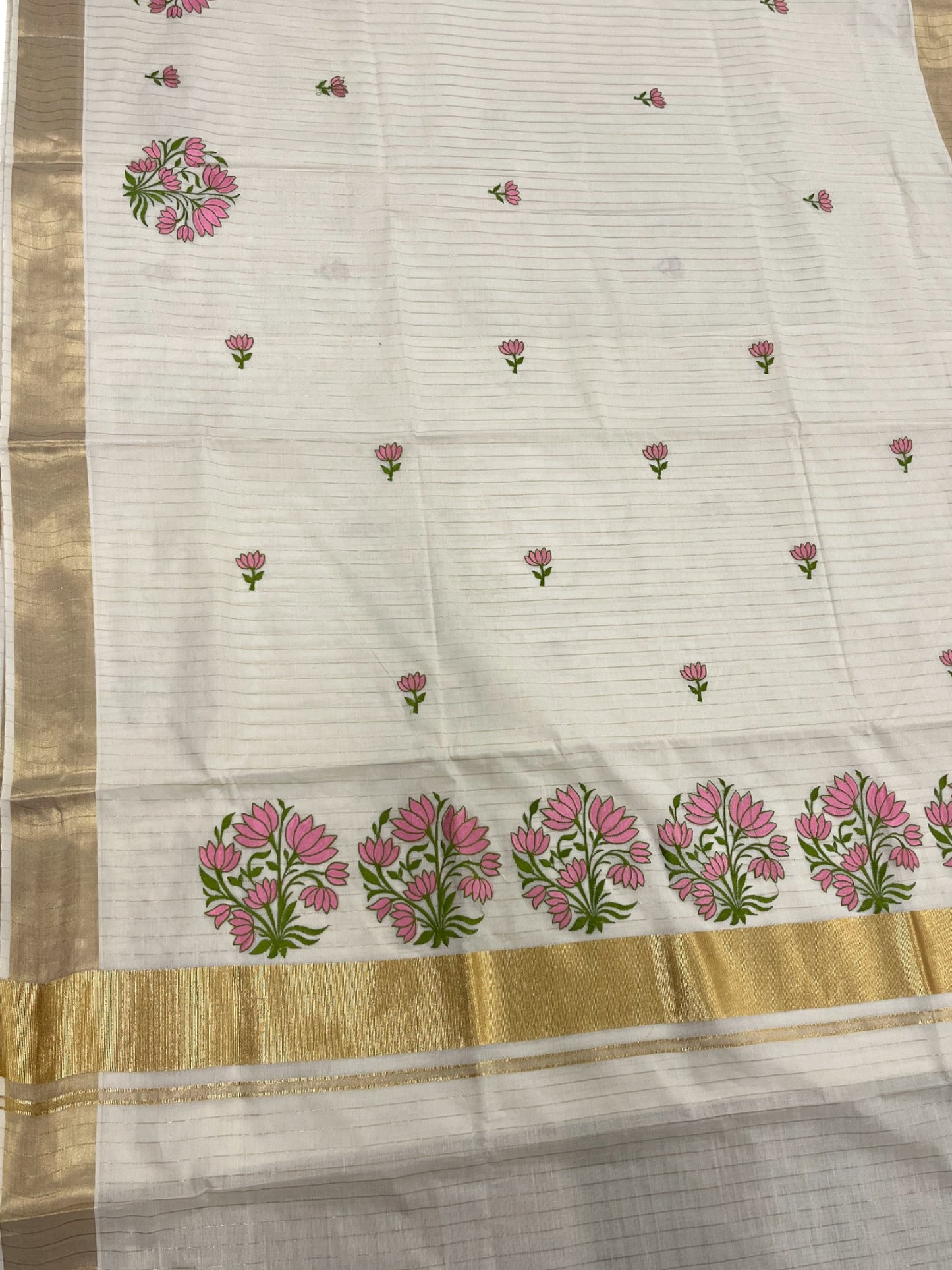 Southloom Kerala Cotton Kasavu Saree Pink Floral Embroidery  Design