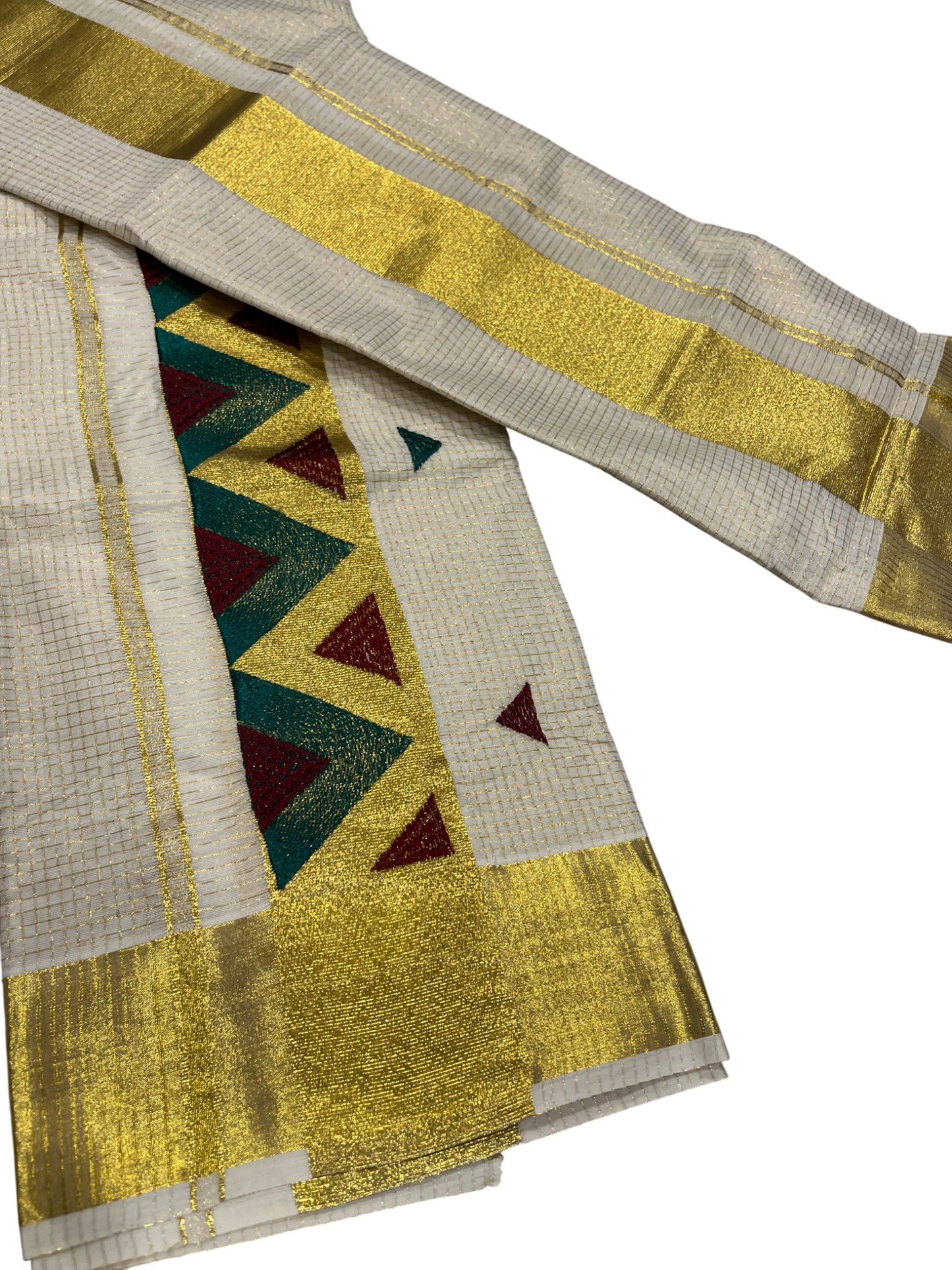 southloom Kerala TIssue Kasavu Mundum Neriyathum  (Set Mundu) with Green Maroon  Embroidery Designs in Kasavu Border