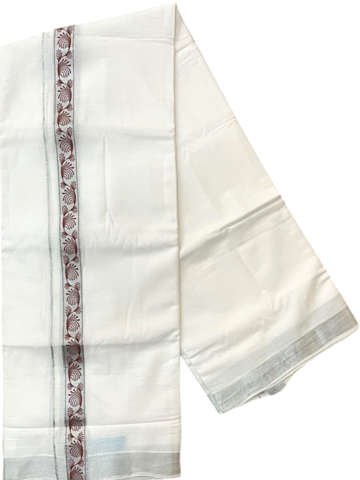 Southloom Pure White Cotton Mundu with Brown and Silver Kasavu Border (South Indian Kerala Dhoti)