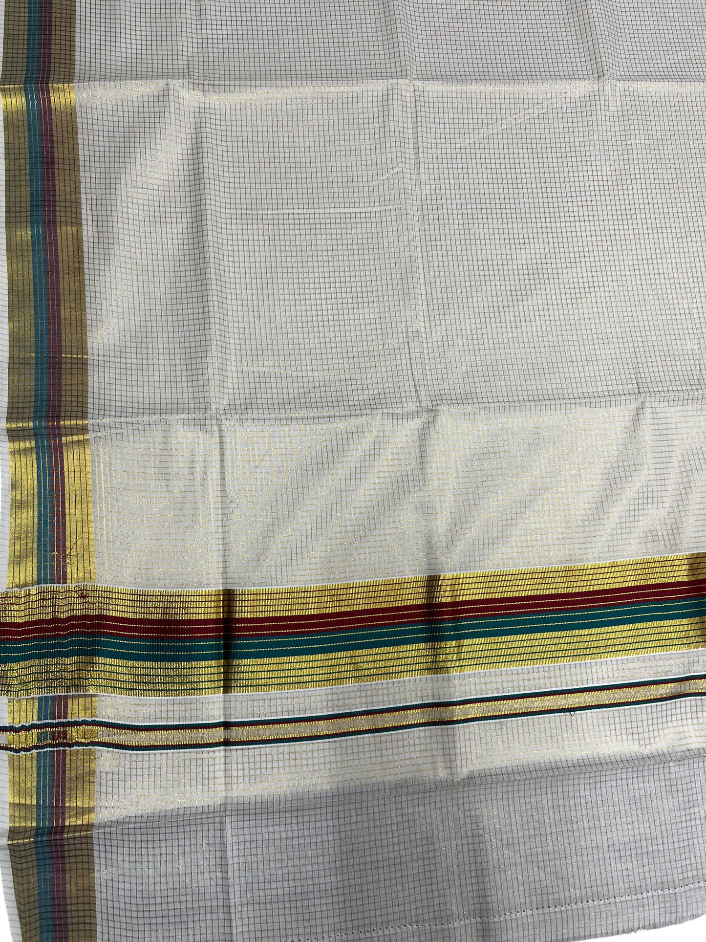 Southloom Kerala Cotton Kasavu Saree with Micro Check Design on Body in Maroon & Green Border