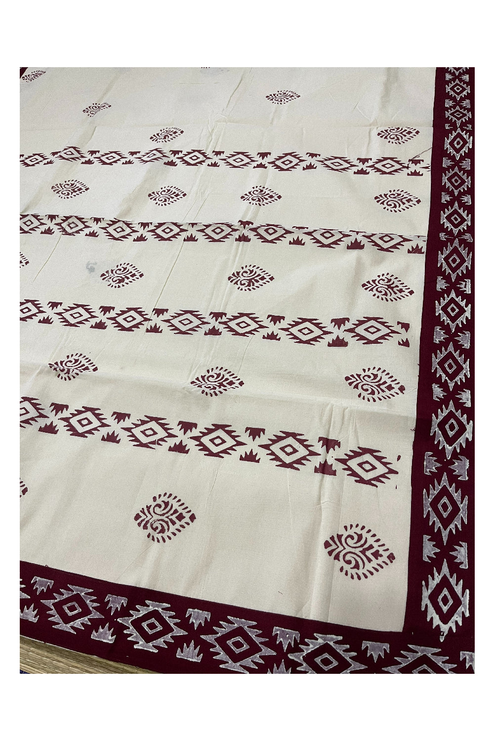 Pure Cotton Onam 2023 Kerala Saree with Hand Block Maroon Batik Prints