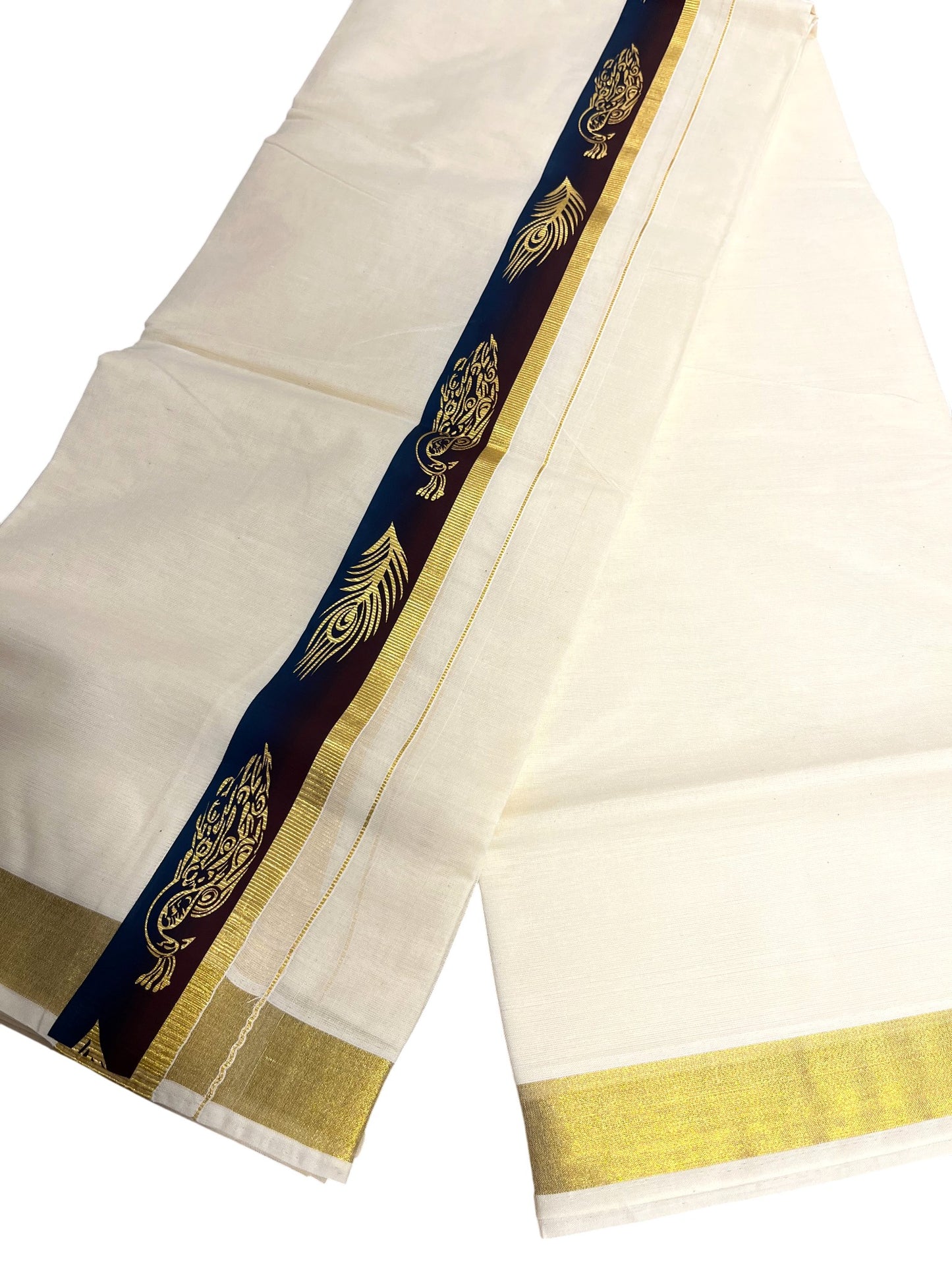 Southloom Pure Cotton Off White Double Mundu with Mural Printed Design Along Kasavu Kara