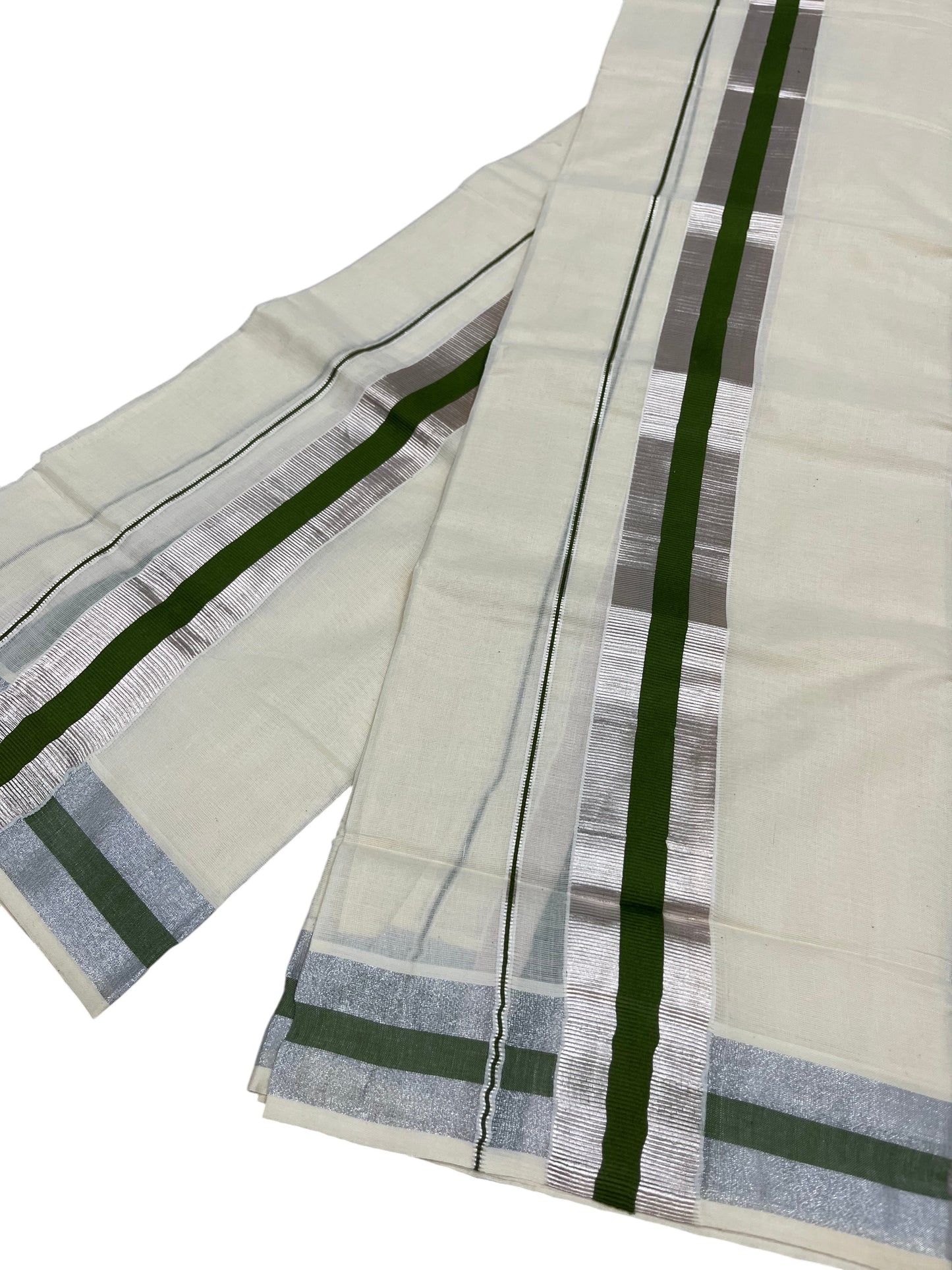 Southloom Kerala Cotton Set Mundu (Mundum Neriyathum) with olive Green and Silver Kasavu Border 2.80 Mtrs