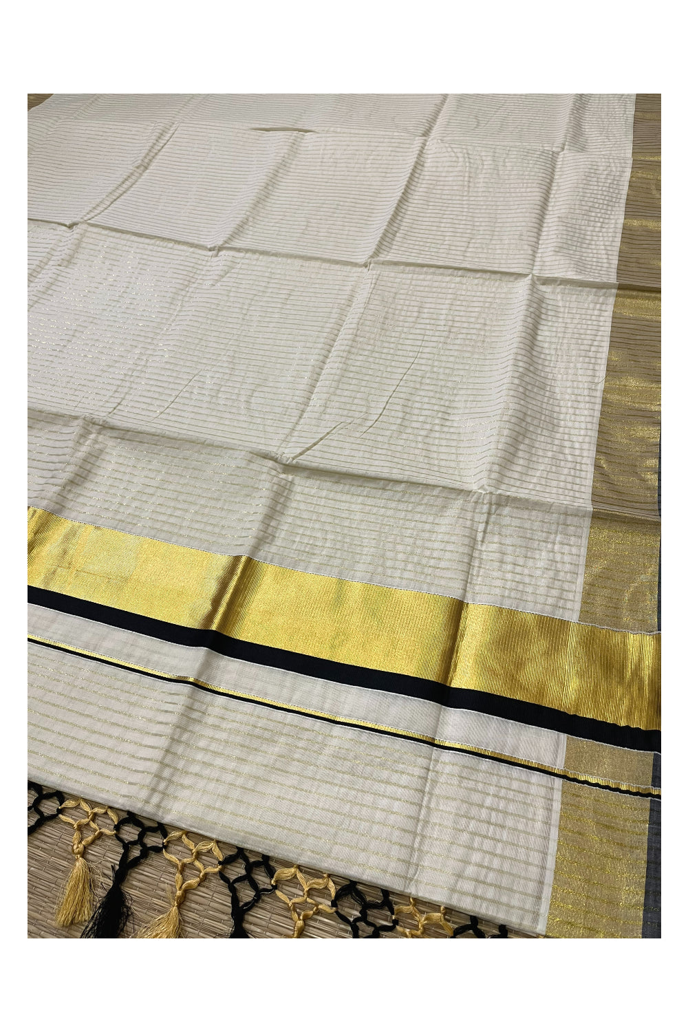 Pure Cotton Kerala Kasavu Lines Design Saree with Black Border and Tassels Work (Onam Saree 2023)