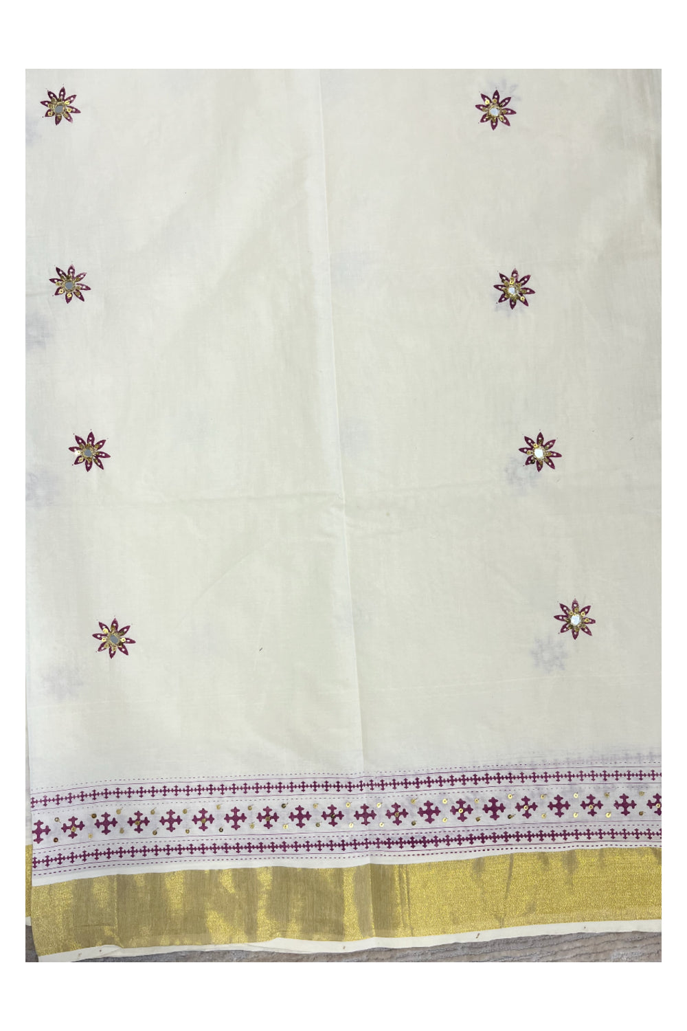 Southloom Purple Block Print Kasavu Saree with Sequins Work on Prints