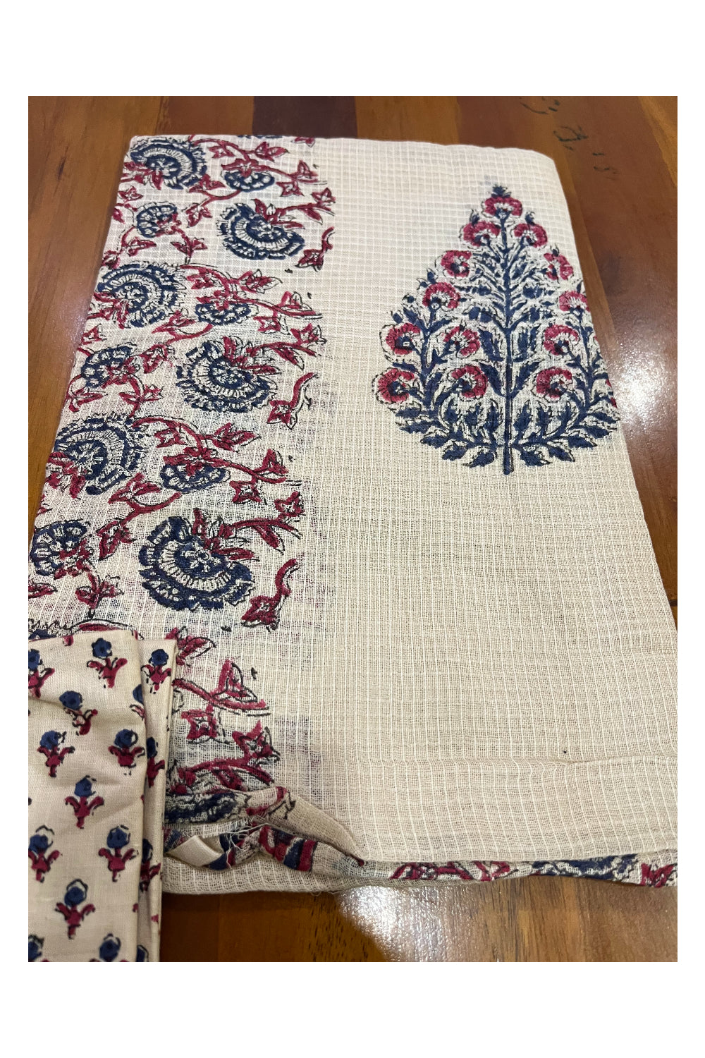 Southloom™ Cotton Light Brown Churidar Salwar Suit Material Blue and Red Block Prints on Body