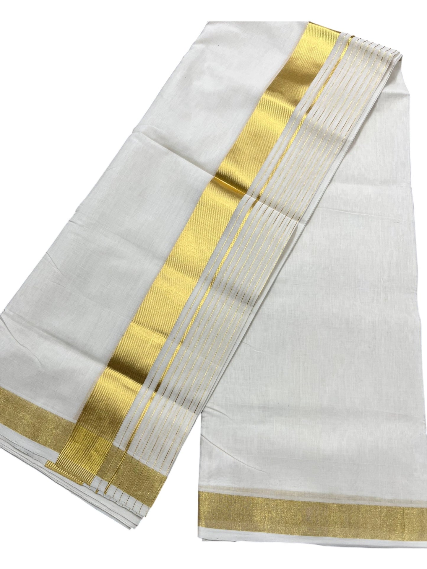 Southloom Premium Handloom Cotton Double Mundu with Gold Kasavu And Gold Lines Border