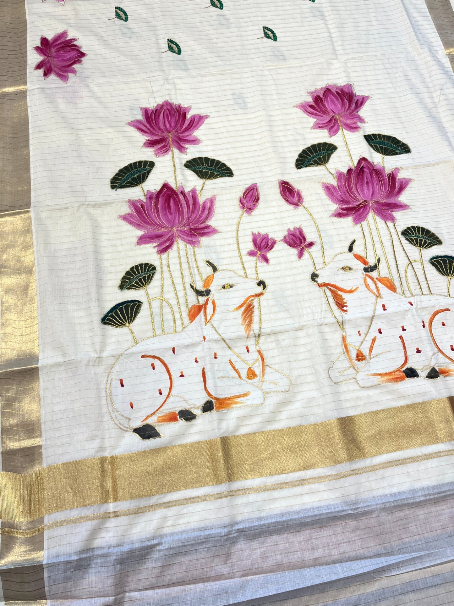 Southloom Cotton Kerala Kasavu Saree with Hand Painted Embroidery Nandi and Lotus Design