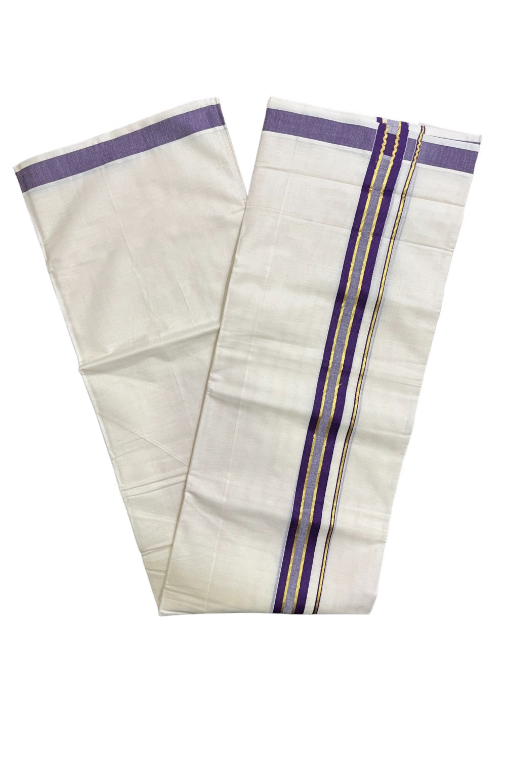 Kerala Pure Cotton Double Mundu with Kasavu Violet Border (South Indian Kerala Dhoti)