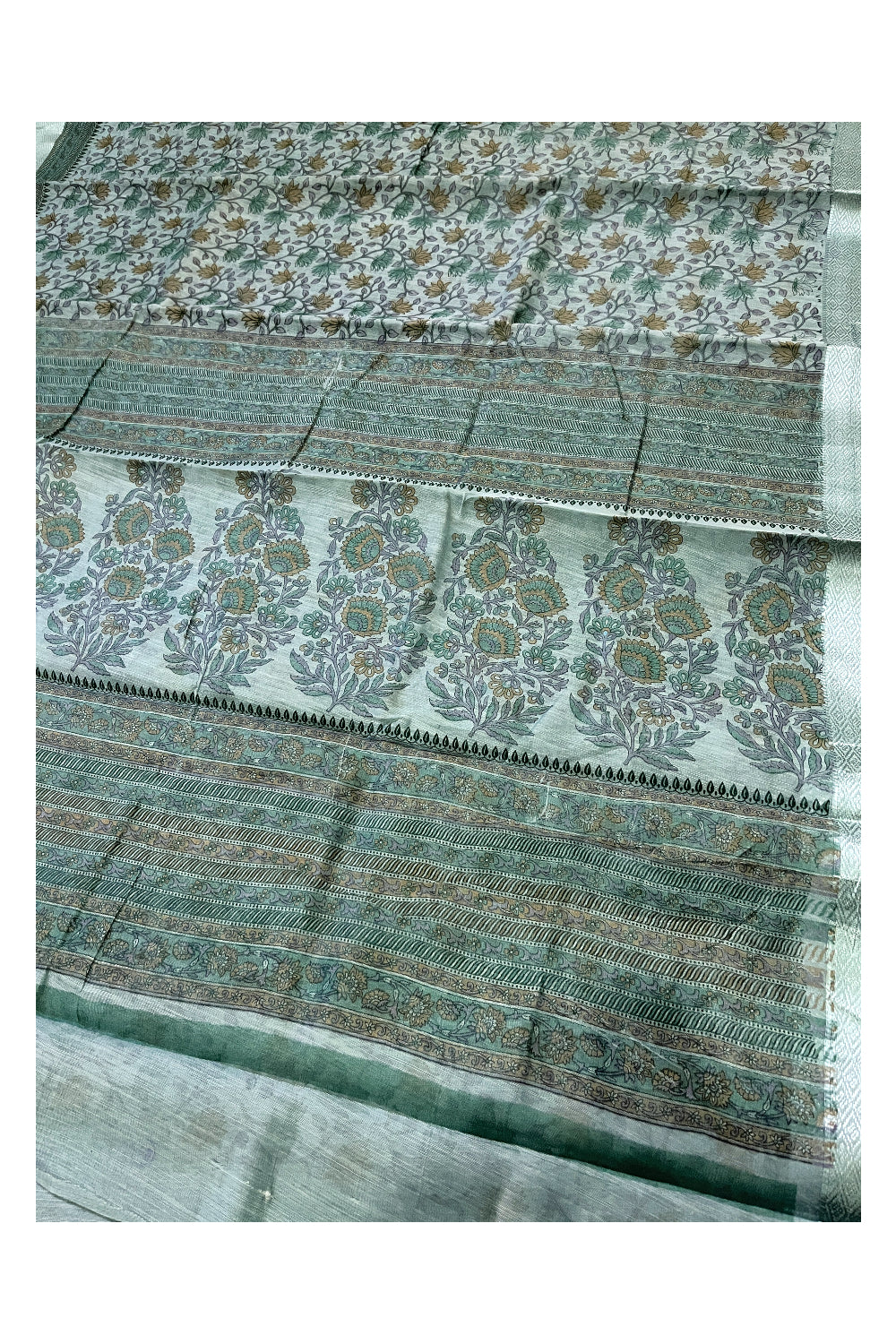 Southloom Cotton Green Floral Printed Saree