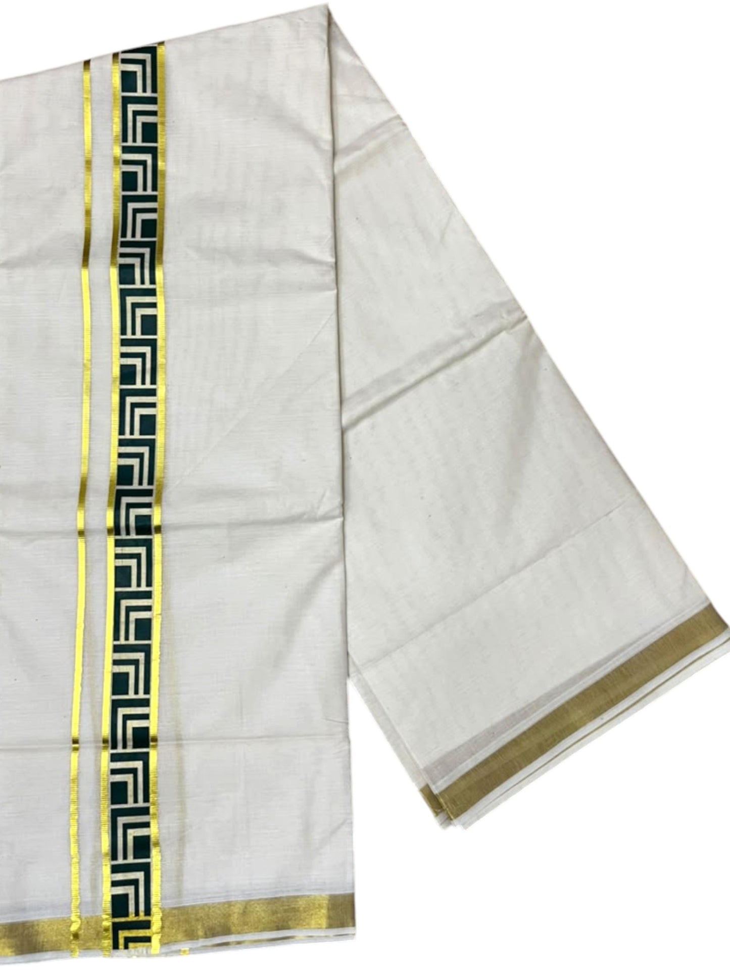 Southloom Pure Cotton Double Mundu with Green Block Printed And Ksavu Border (South Indian Kerala Dhoti)