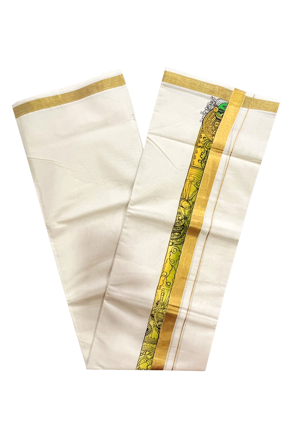 Pure Cotton Kerala Double Mundu with Kathakali Hand Painted Designs on Kasavu Border (Vishu Collection 2024)