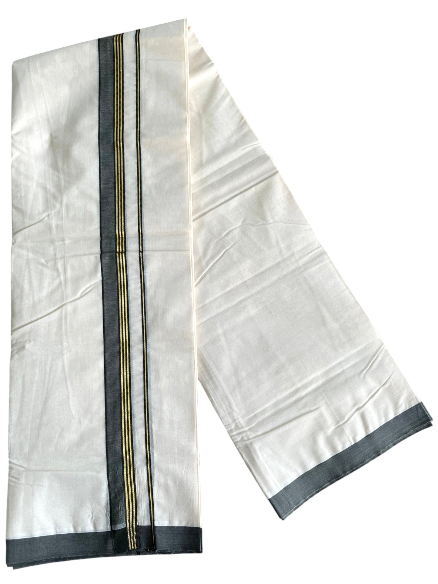 Southloom Pure Cotton Mundu with Golden Lines and Gray Border (South Indian Kerala Dhoti)