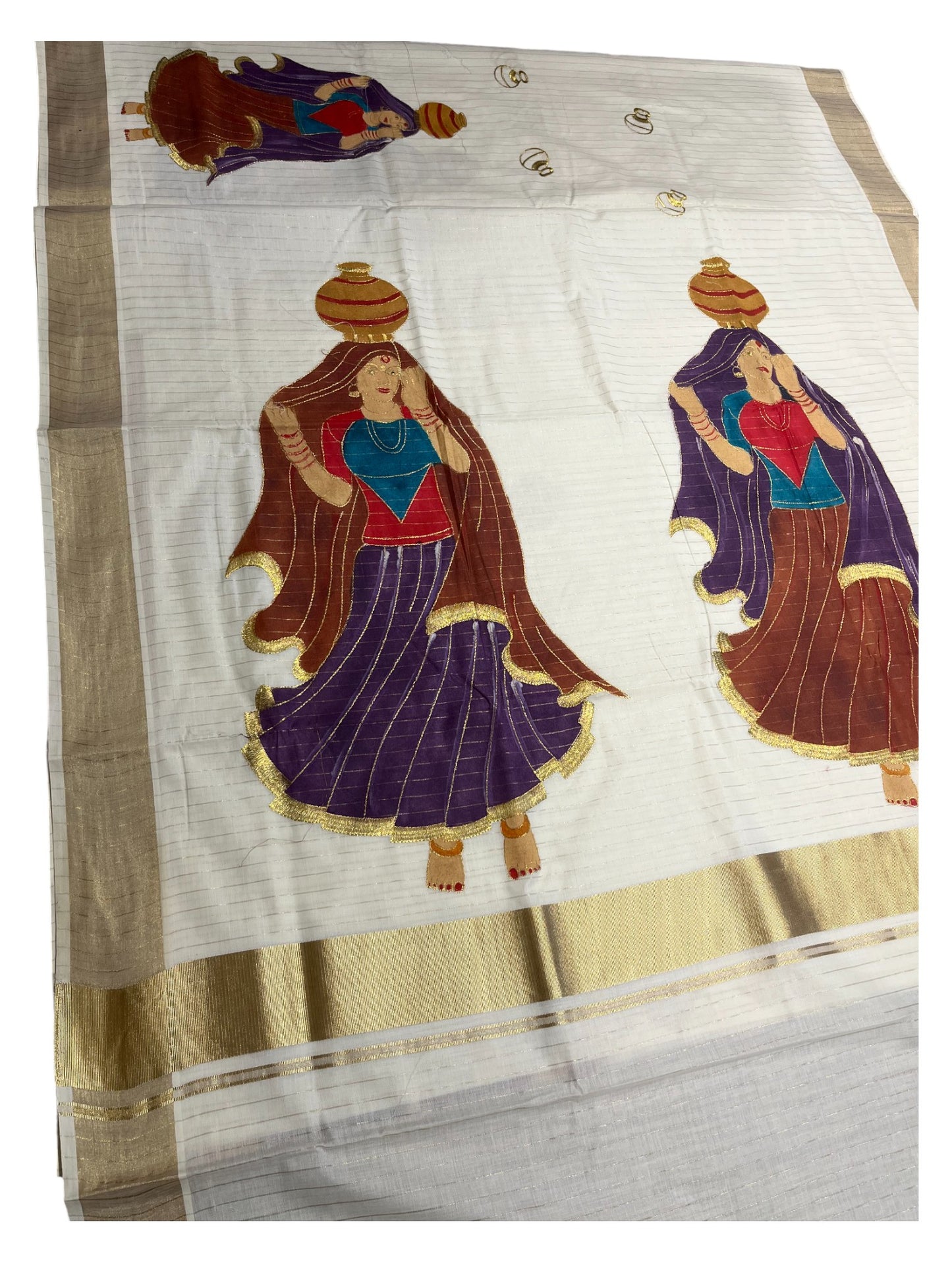 Southloom  Kerala Cotton Kasavu Line Saree with Hand Painted &Embroidery Design