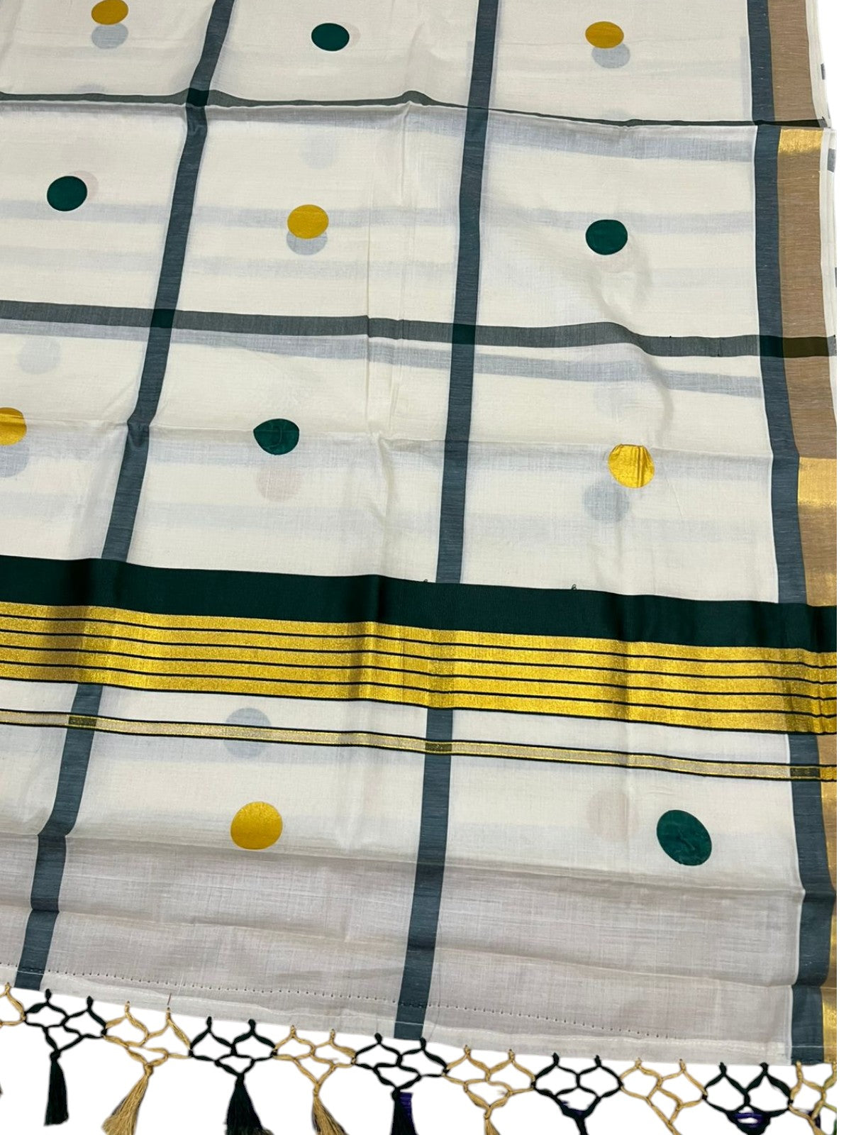 Southloom Kerala Cotton Kasavu Saree with Green & Gold Polka Works on Body