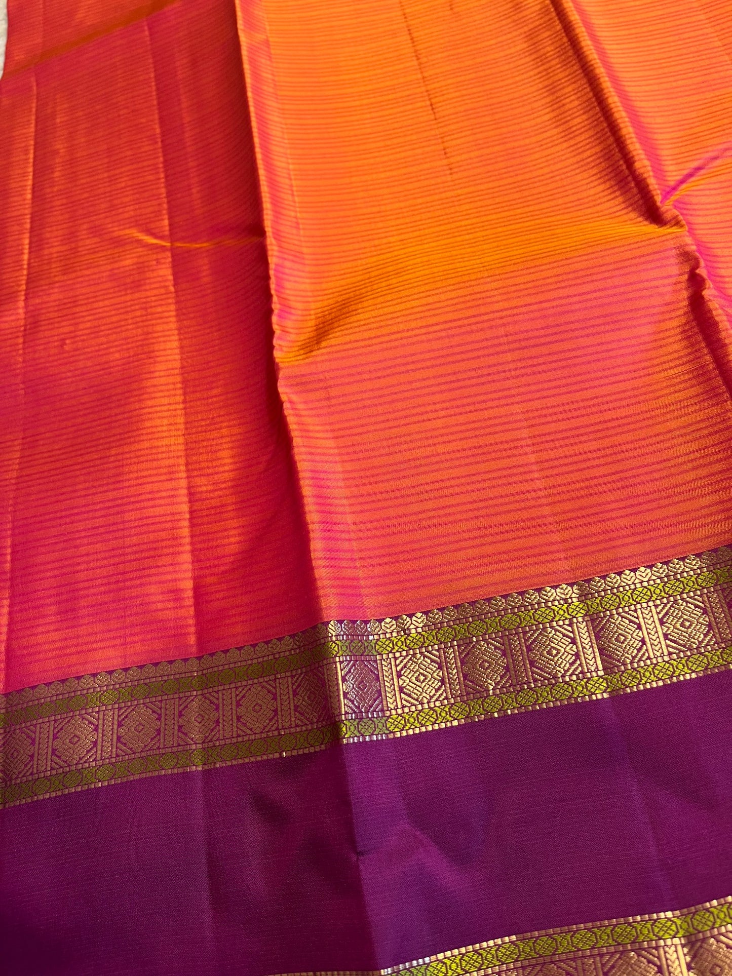 Southloom Pure Handloom Bridal Kanchipuram Silk Saree with Korvai Work (Orange & Violet)