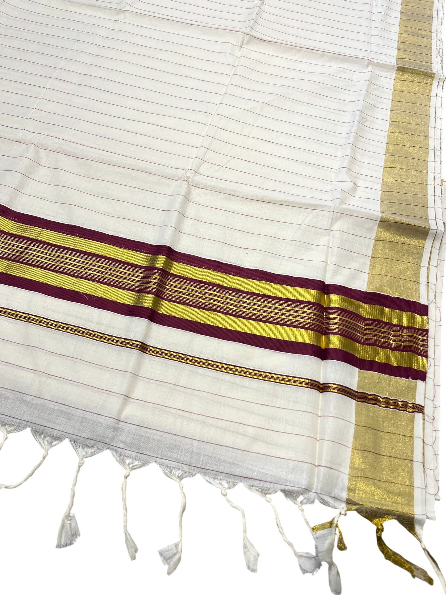 Southloom Kerala Cotton Kasavu Saree with Gold And Purple Lines on Body SL331
