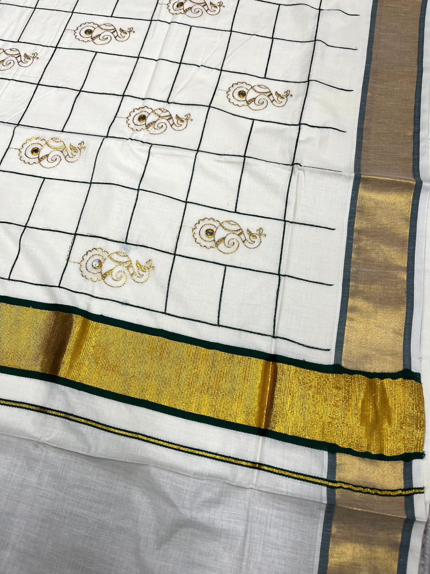 Southloom Cotton Kerala Kasavu Check Saree with Peacock Feather Embroidery Design in Green