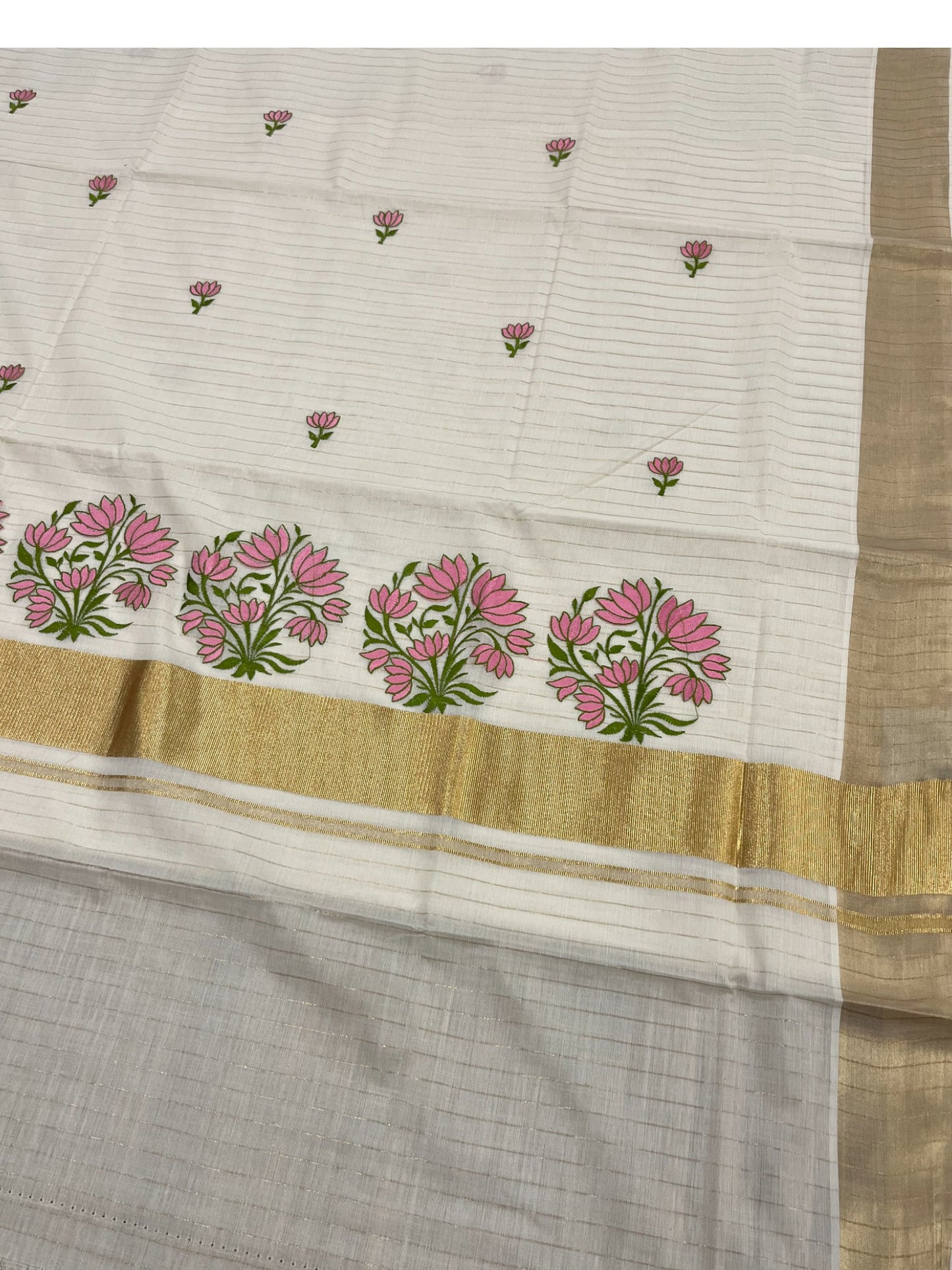 Southloom Kerala Cotton Kasavu Saree Pink Floral Embroidery  Design