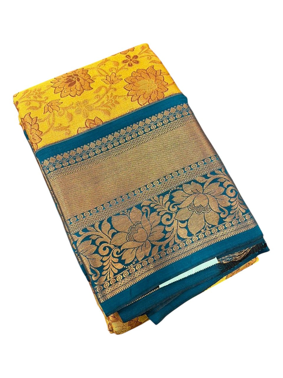 Southloom Banarasi Semi Silk Saree with Floral Zari Work Across Body (Yellow & Blue)