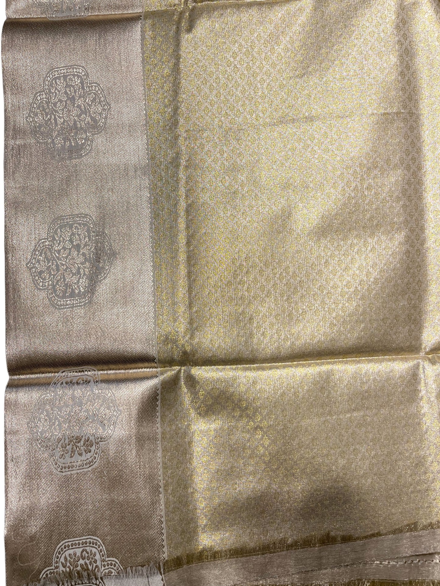 Southloom Tissue Kasavu Replica Saree with Heavy Golden Works Across Body and Kasavu Border