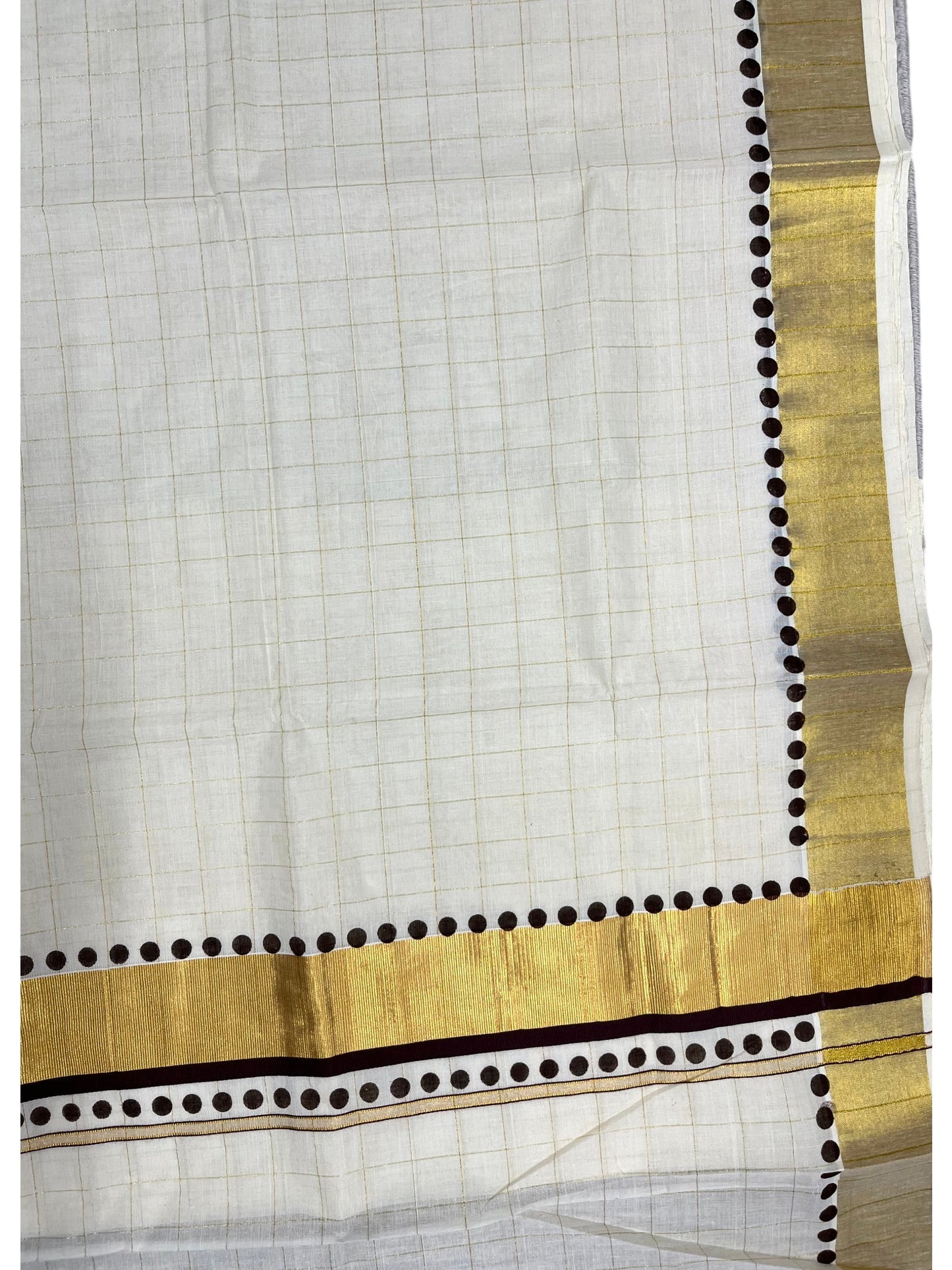 Southloom Cotton Kerala Kasavu Check Saree with Brown Polk Dots Design Border