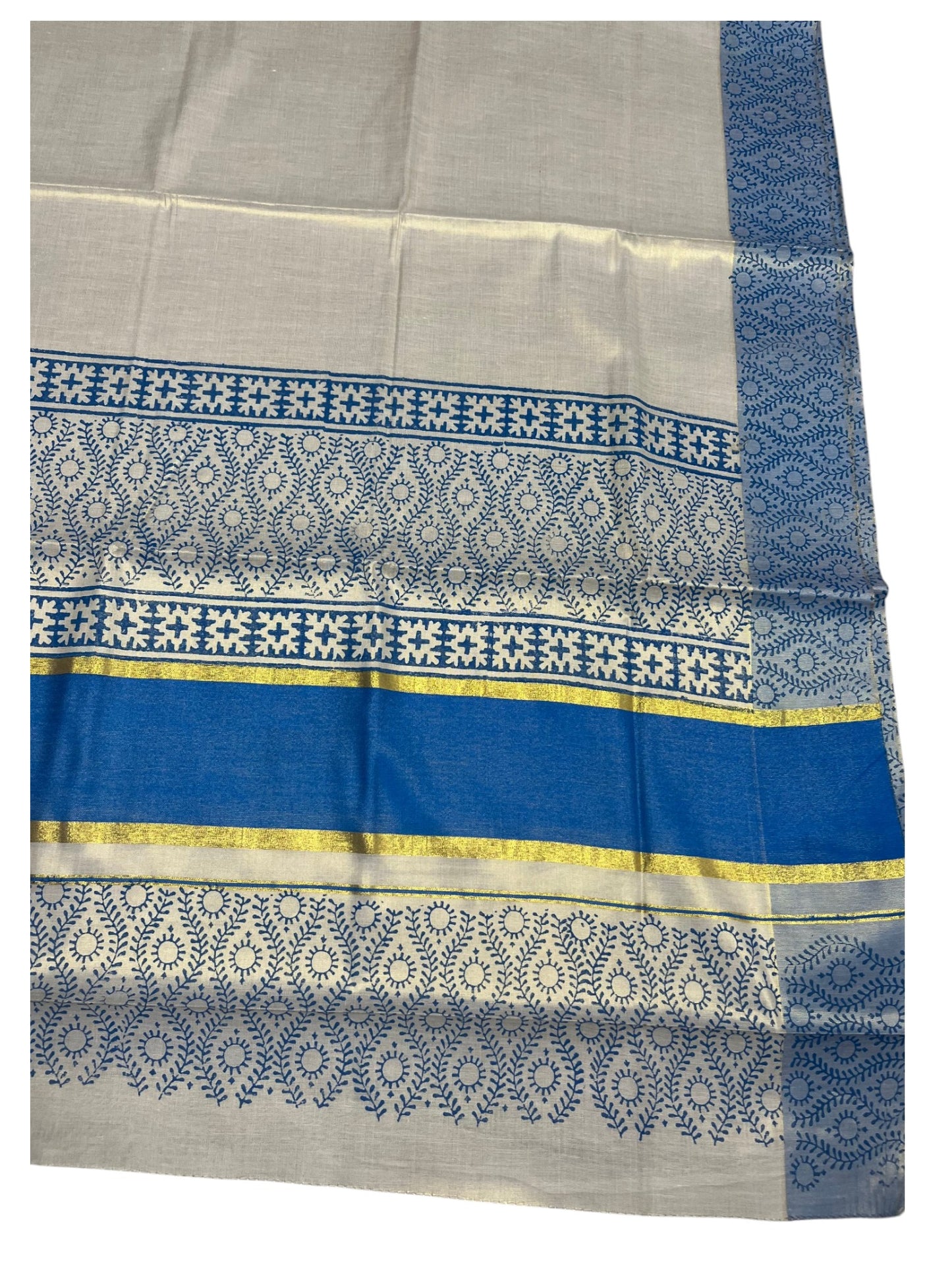 Southloom Tissue Kerala Kasavu Saree with Block Print on Body and Borders in Blue