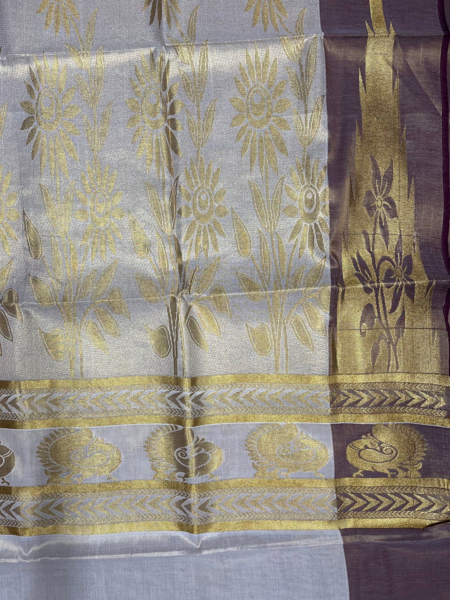 Southloom  Kerala Tissue Kasavu Heavy Work Saree with Peacock Design And Maroon Border SL483