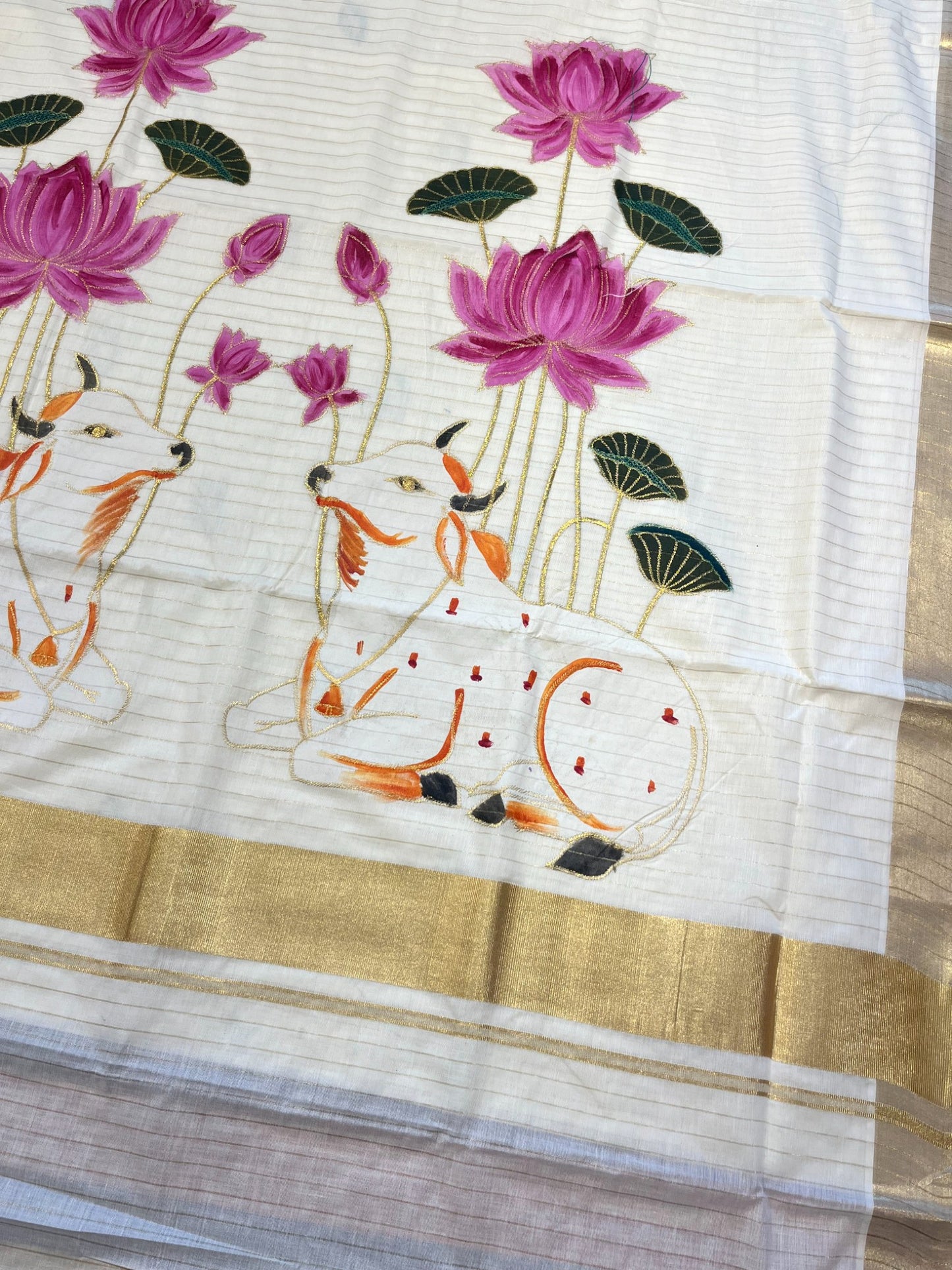 Southloom Cotton Kerala Kasavu Saree with Hand Painted Embroidery Nandi and Lotus Design