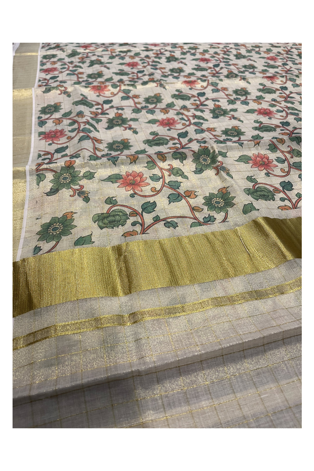 Kerala Tissue Kasavu Check Saree with Green Floral Kalamkari Design