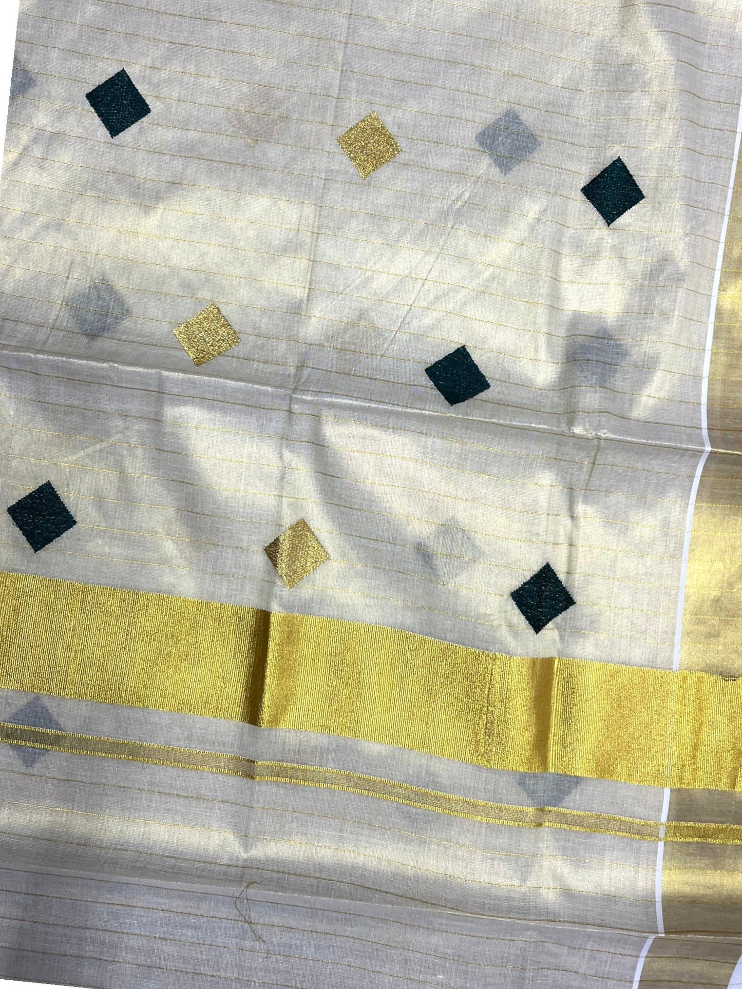 Southloom Kerala Tissue Kasavu Striped Saree with  Diagonal Woven Designs in Green and Gold Body Work