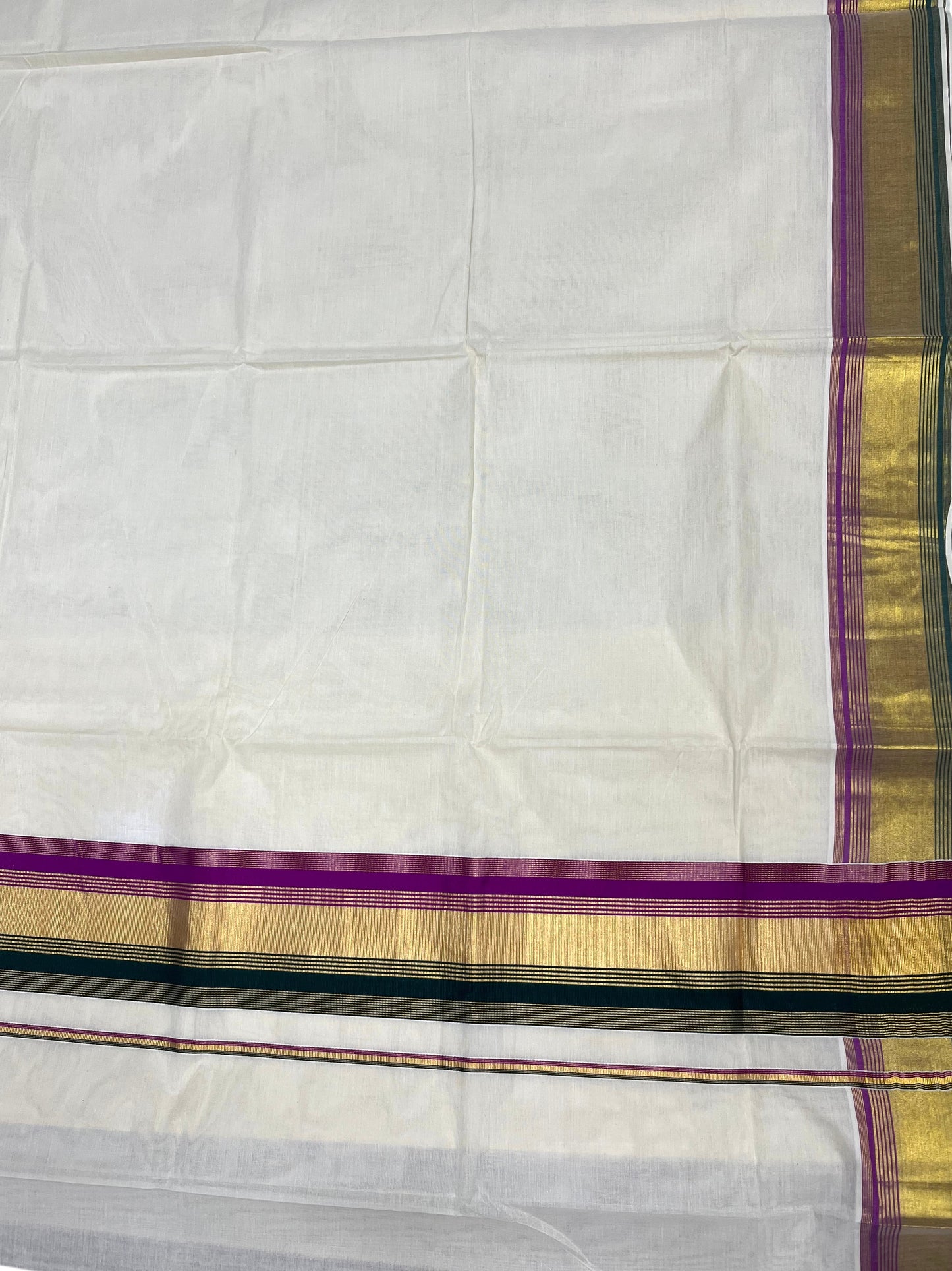 Southloom Kerala Cotton Kasavu Saree with Green And Magenta Border