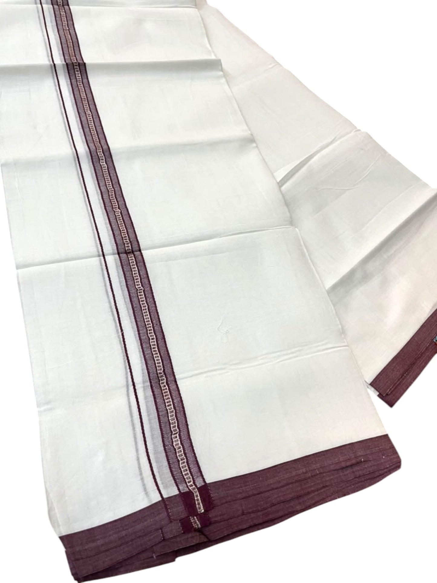Southloom Pure White Cotton Mundu with Maroon & Silver Line Border (South Indian Kerala Dhoti)
