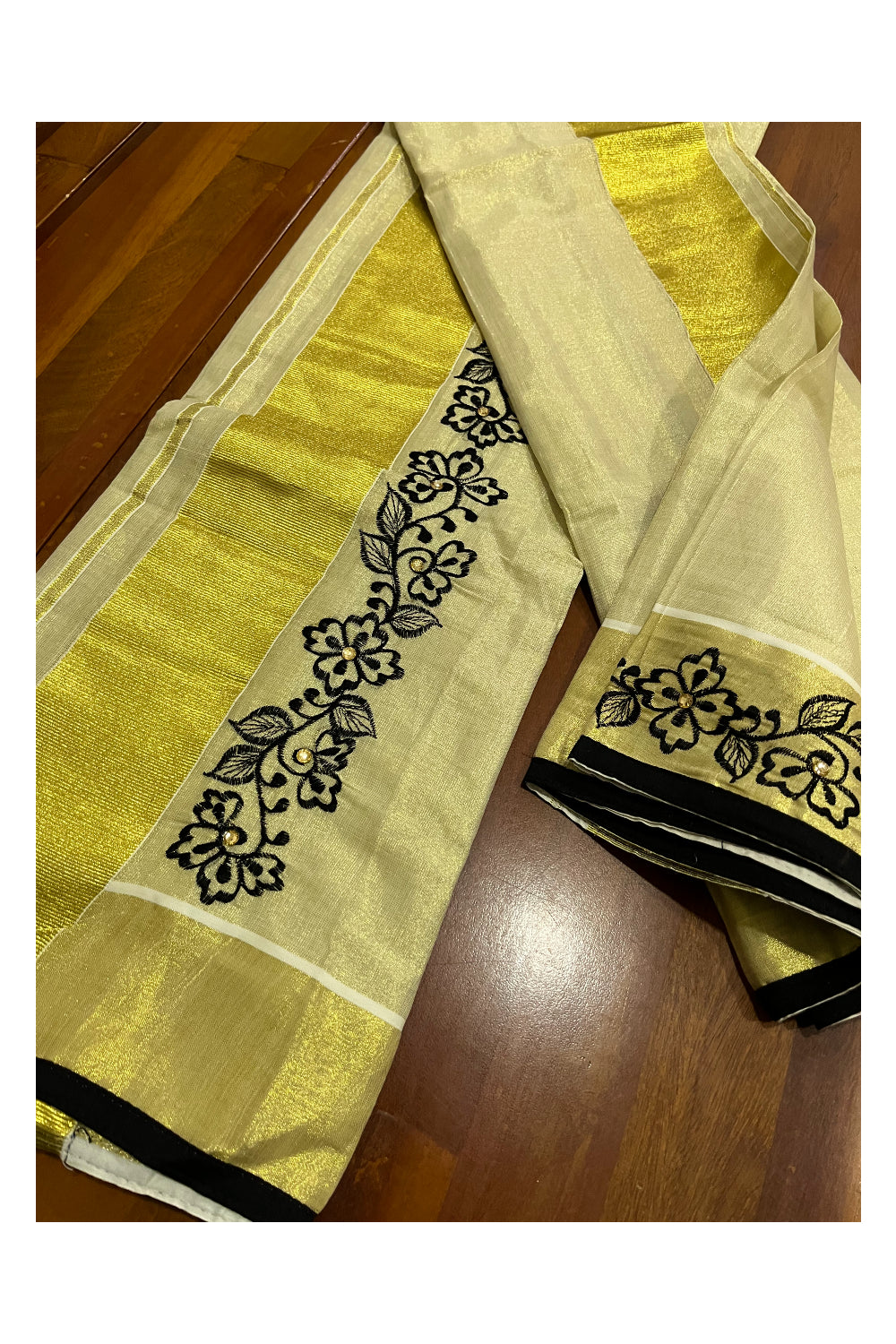 Kerala Tissue Kasavu Set Mundu (Mundum Neriyathum) with Handwork Embroidery Design and Black Blouse Piece