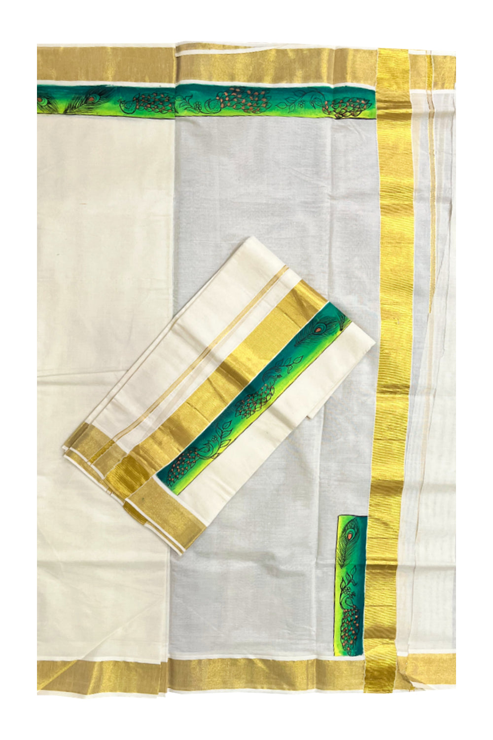 Kerala Cotton Single Set Mundu (Mundum Neriyathum) with Hand Painted Designs with Kasavu Border - 2.80Mtrs